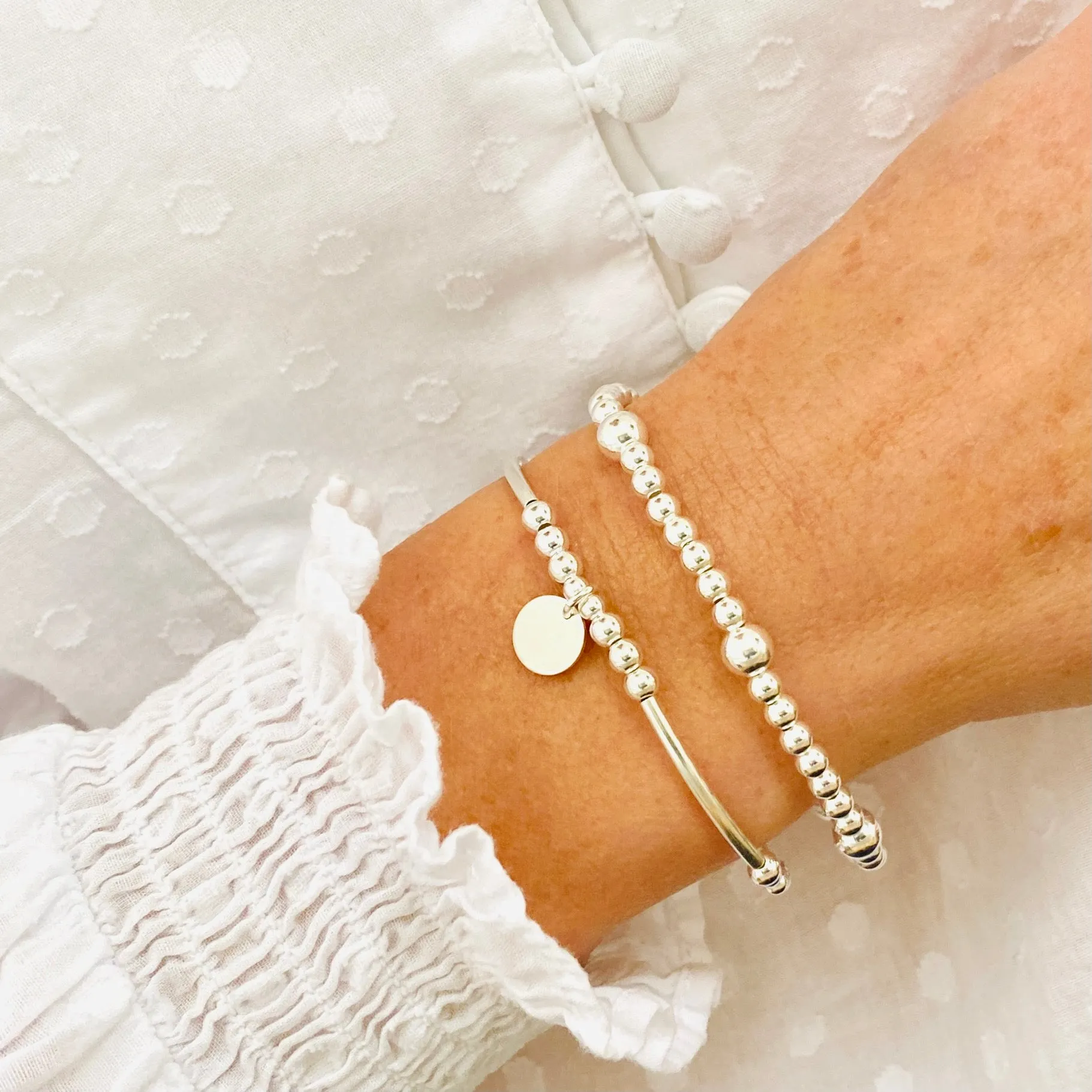 CORAL | Silver Disc Bracelet Stack (Can be personalised)