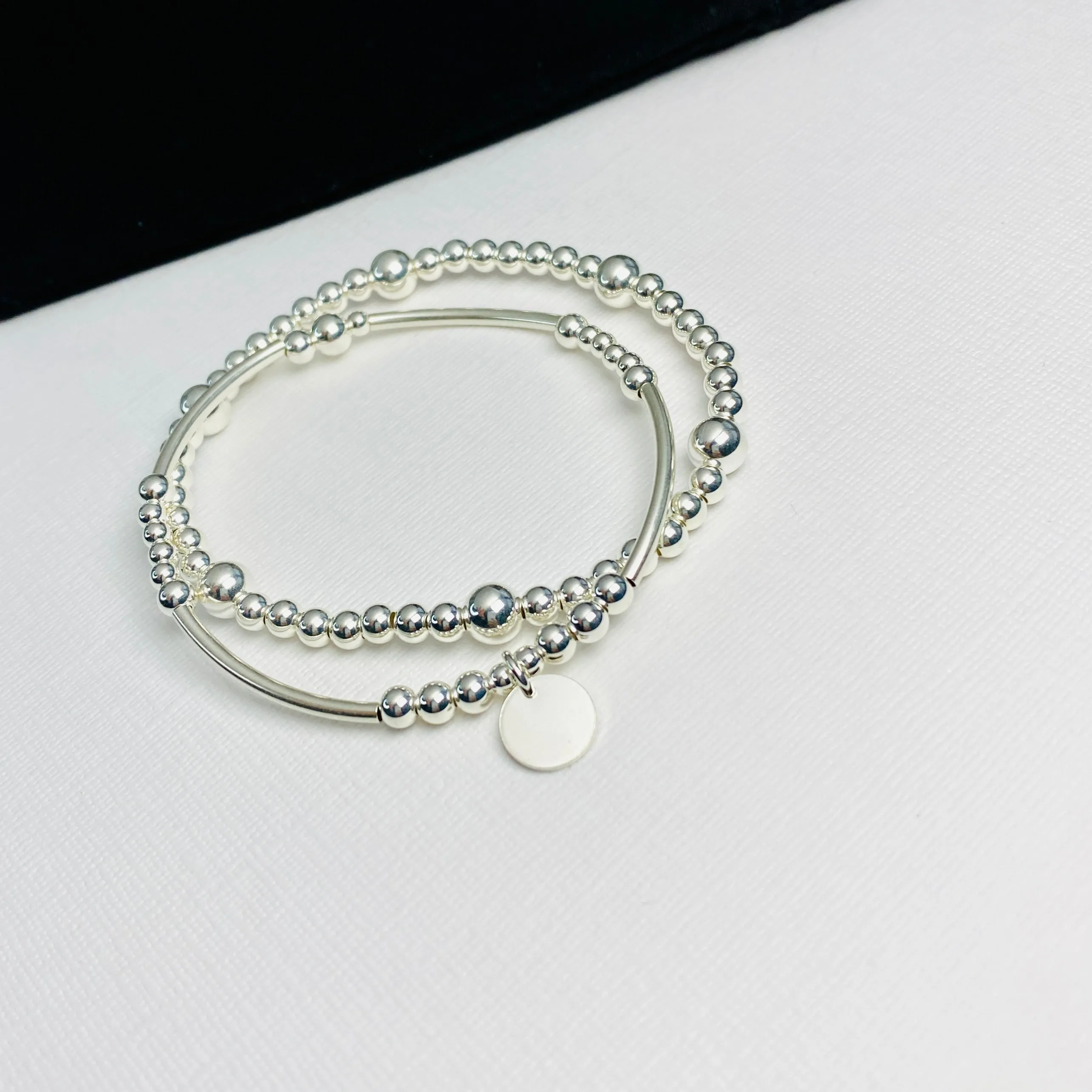 CORAL | Silver Disc Bracelet Stack (Can be personalised)