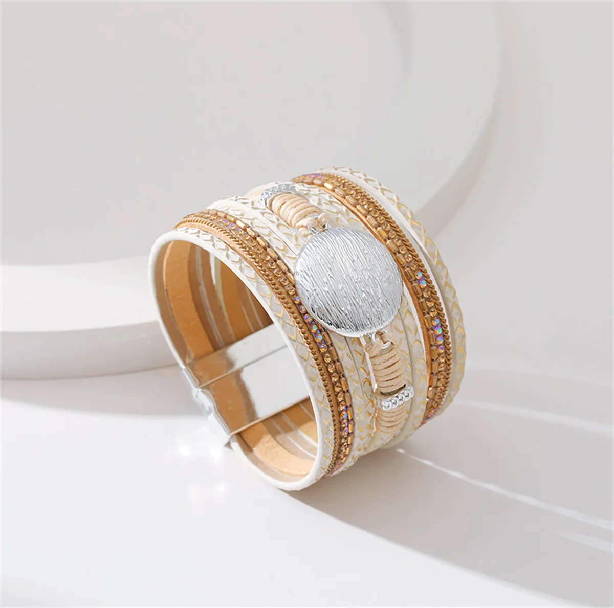 Cubic Zirconia & Beige Polystyrene Round Stacked Bracelet