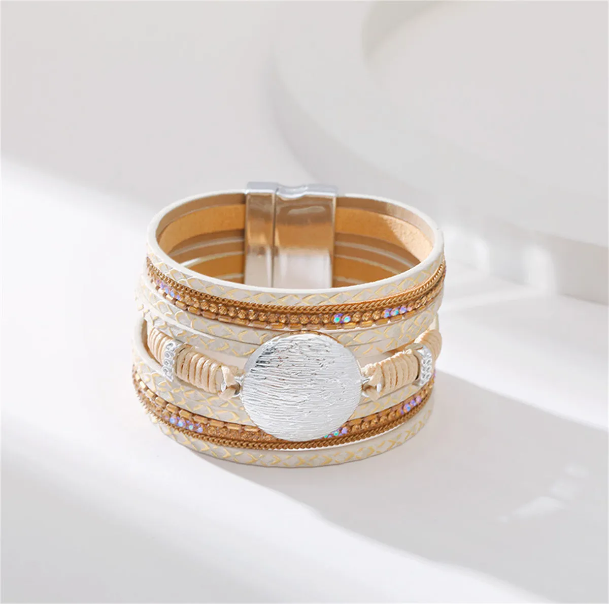 Cubic Zirconia & Beige Polystyrene Round Stacked Bracelet