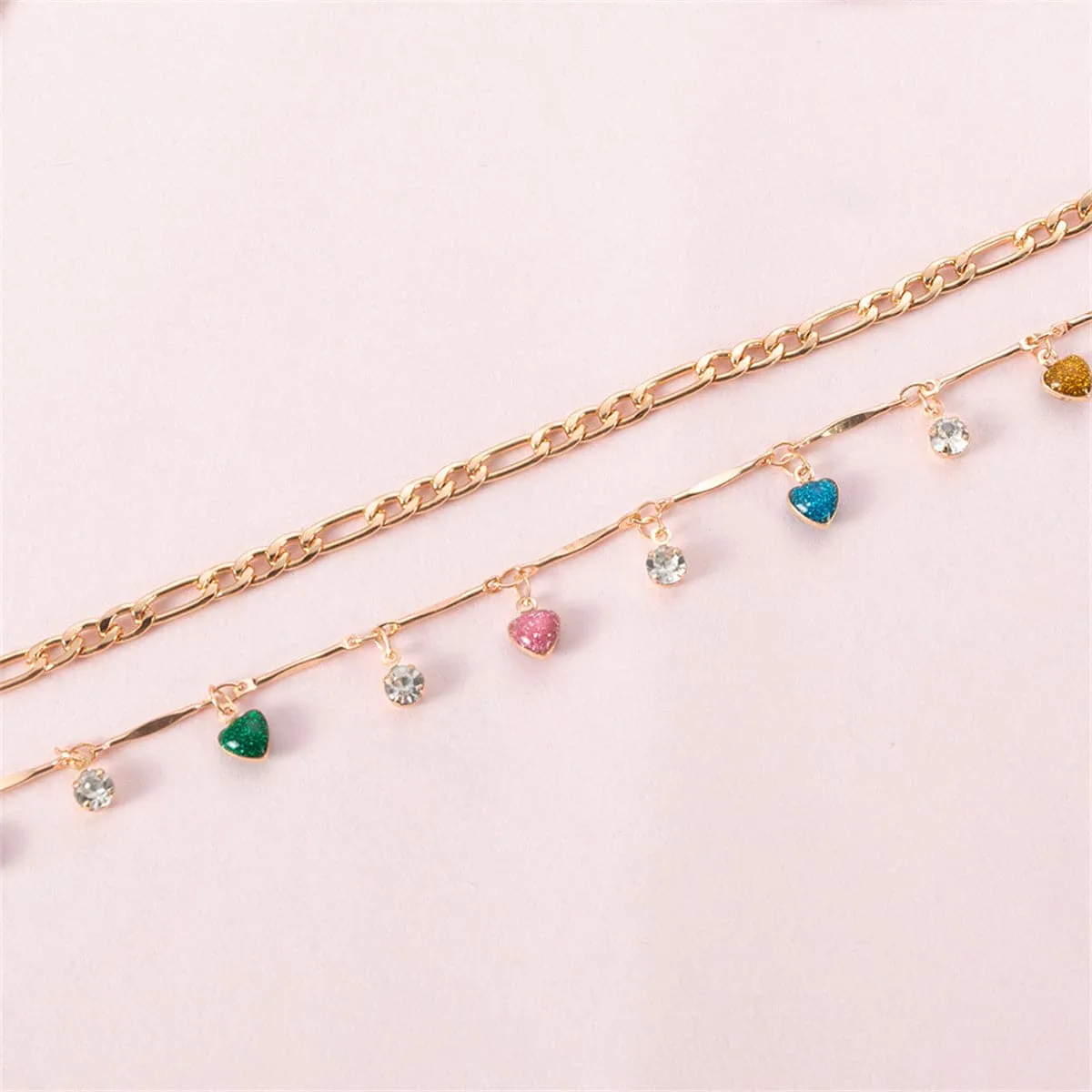 Cubic Zirconia & Blue Multicolor Heart Tassel Bracelet Set