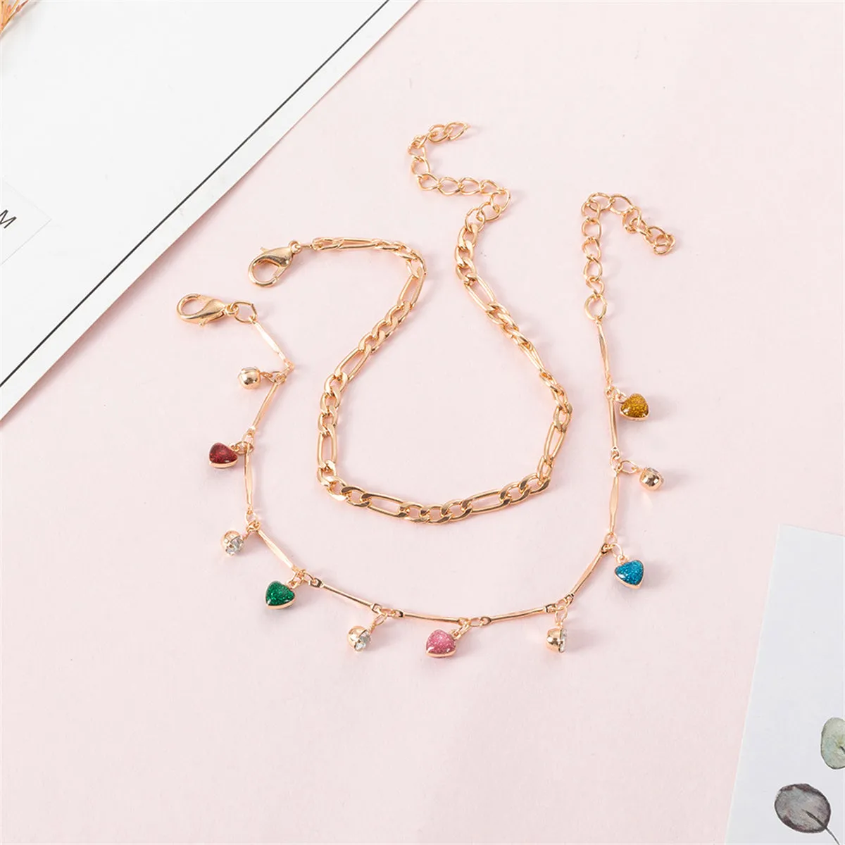 Cubic Zirconia & Blue Multicolor Heart Tassel Bracelet Set