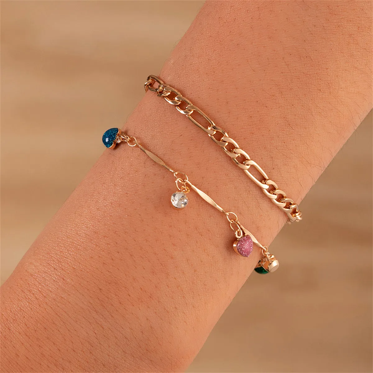 Cubic Zirconia & Blue Multicolor Heart Tassel Bracelet Set