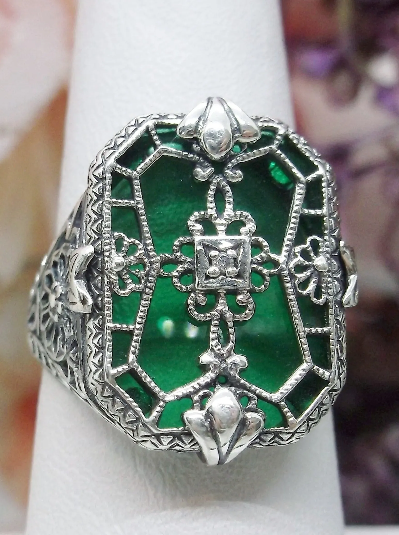 D203, Stained Glass Ring, Sterling Silver Filigree with Stained-Glass & CZ, Art Deco Jewelry #D203