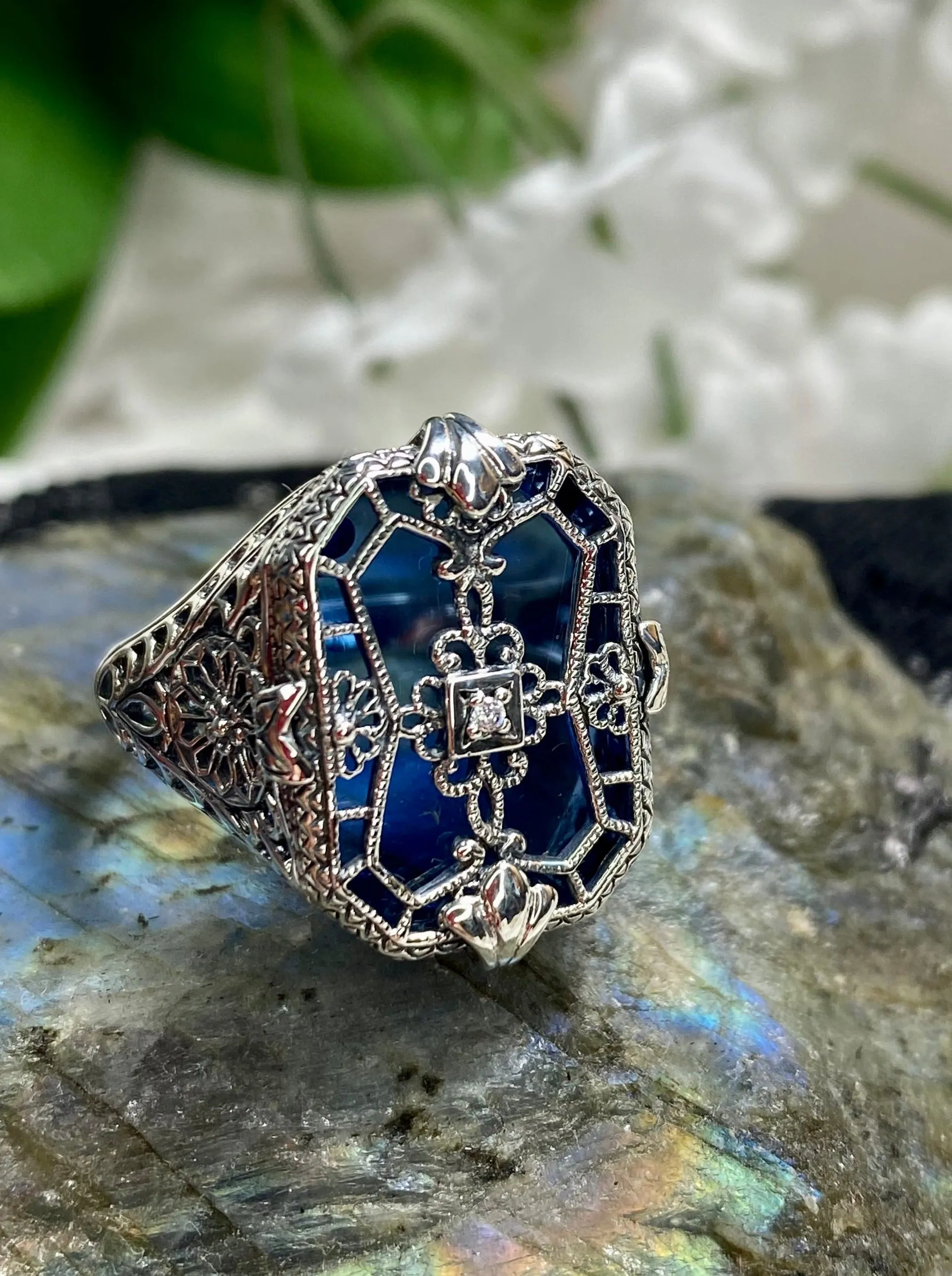 D203, Stained Glass Ring, Sterling Silver Filigree with Stained-Glass & CZ, Art Deco Jewelry #D203