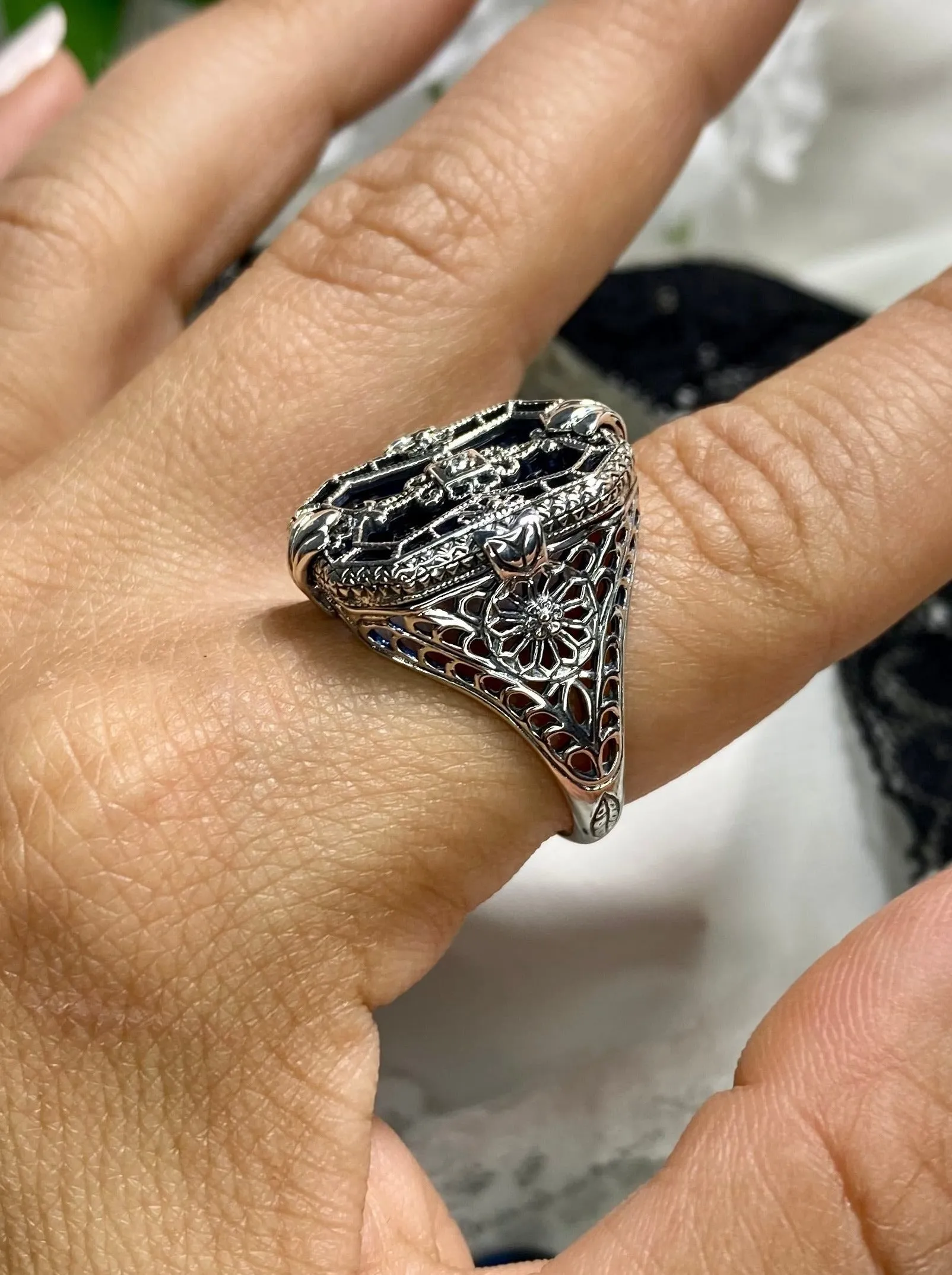 D203, Stained Glass Ring, Sterling Silver Filigree with Stained-Glass & CZ, Art Deco Jewelry #D203