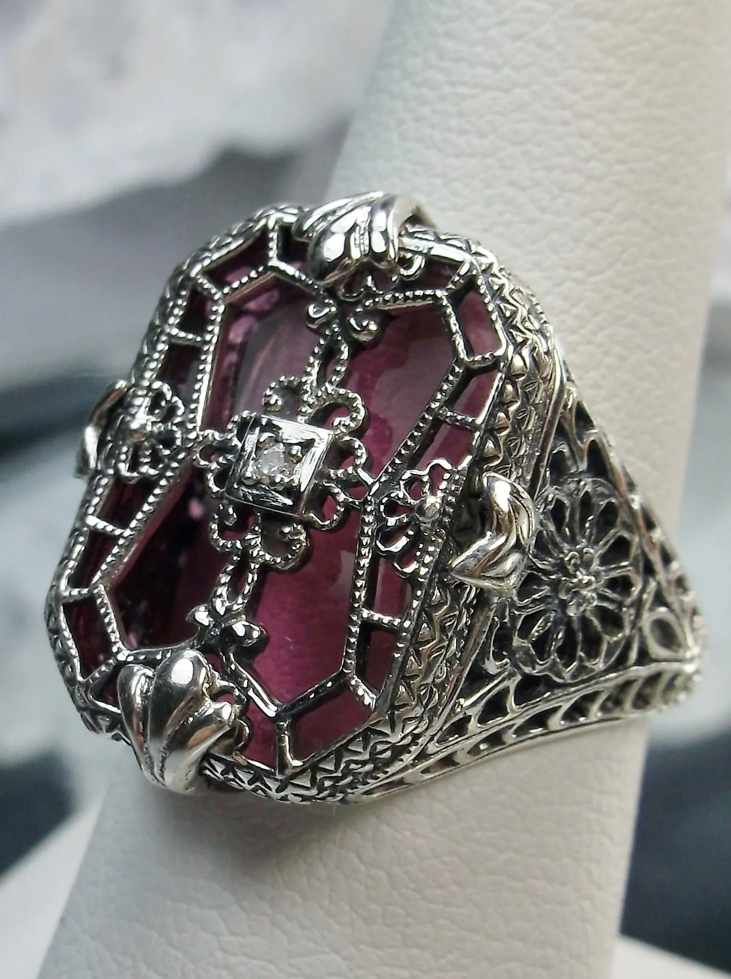 D203, Stained Glass Ring, Sterling Silver Filigree with Stained-Glass & CZ, Art Deco Jewelry #D203