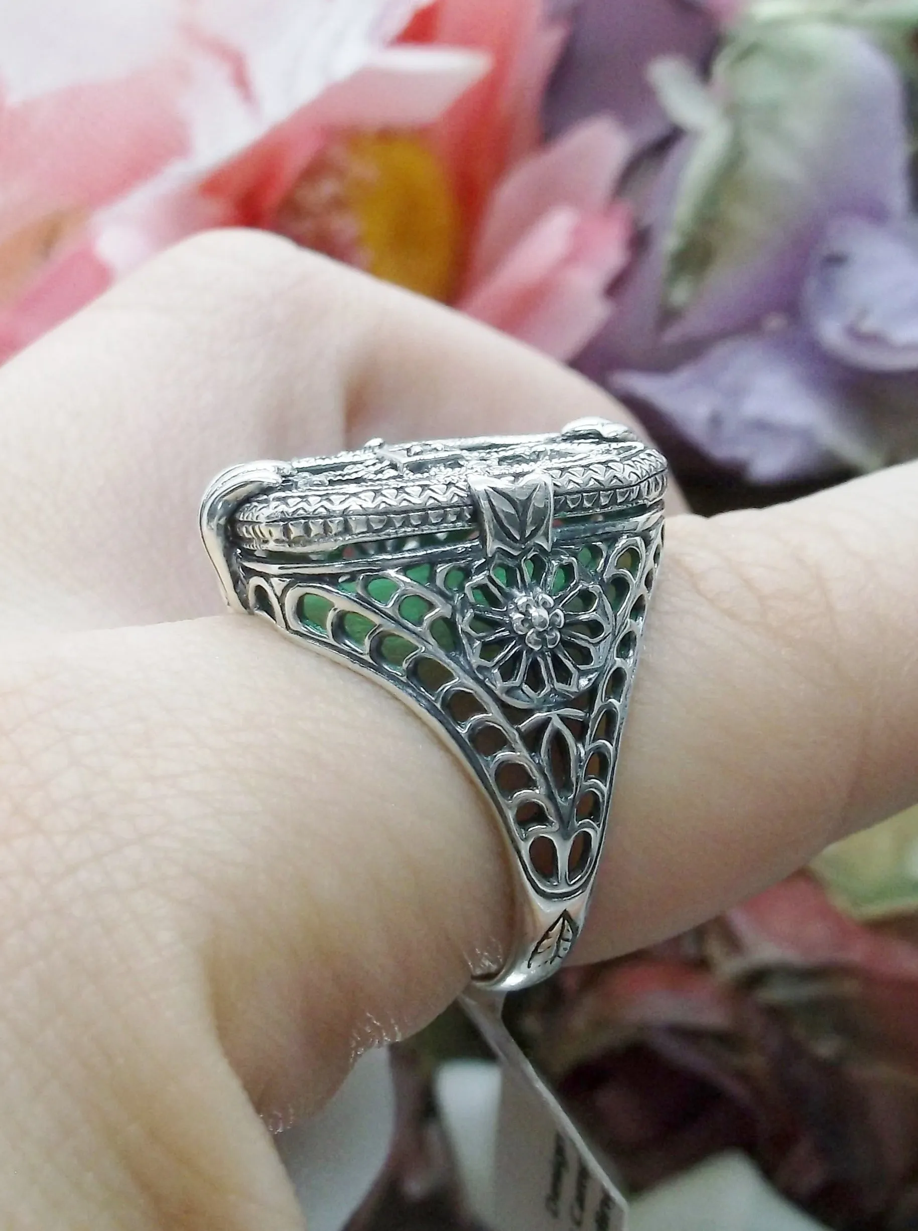 D203, Stained Glass Ring, Sterling Silver Filigree with Stained-Glass & CZ, Art Deco Jewelry #D203