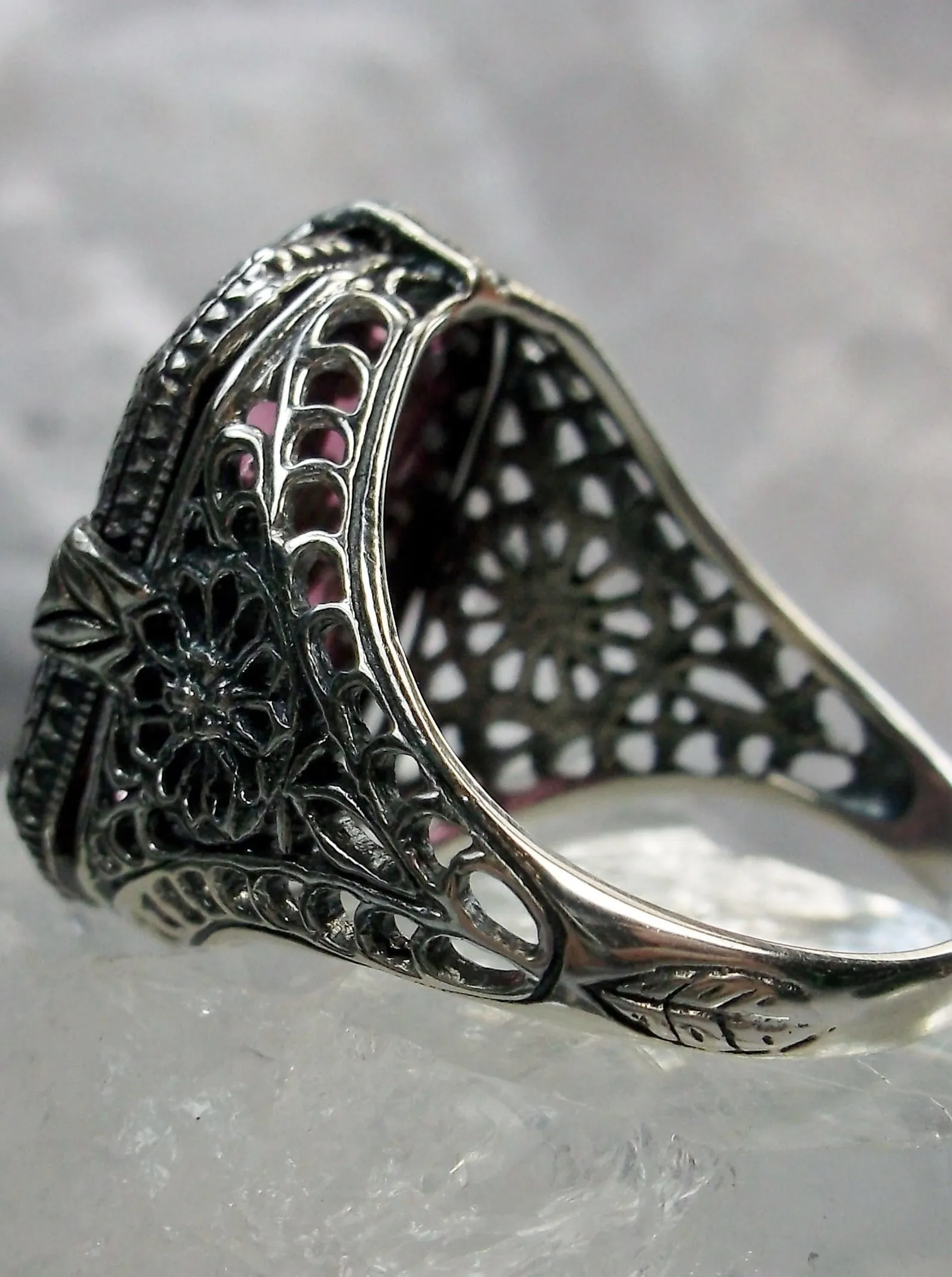 D203, Stained Glass Ring, Sterling Silver Filigree with Stained-Glass & CZ, Art Deco Jewelry #D203