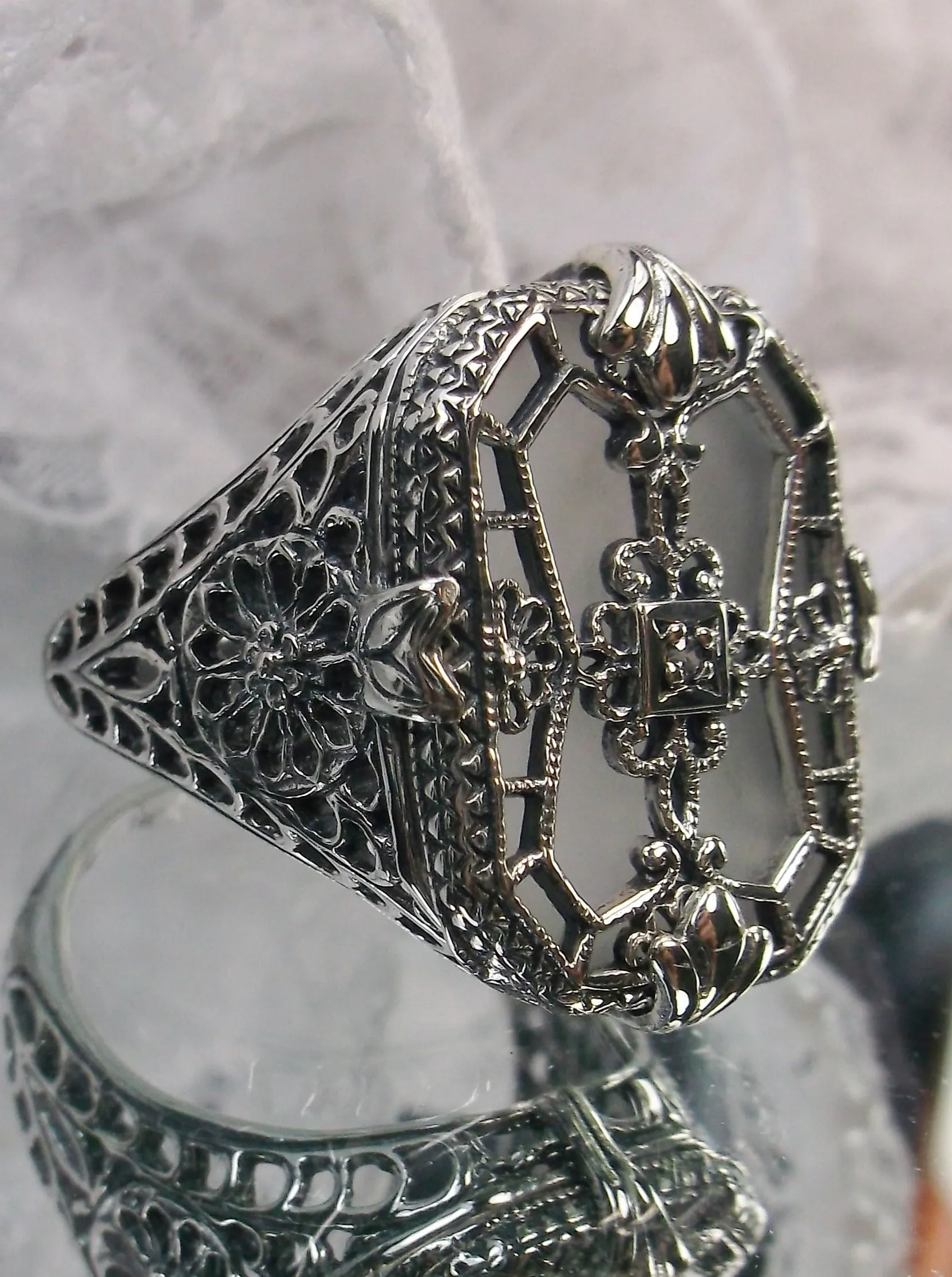 D203, Stained Glass Ring, Sterling Silver Filigree with Stained-Glass & CZ, Art Deco Jewelry #D203