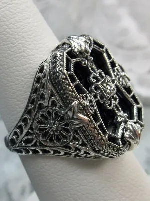 D203, Stained Glass Ring, Sterling Silver Filigree with Stained-Glass & Diamond Inset Gem, Art Deco Jewelry #D203