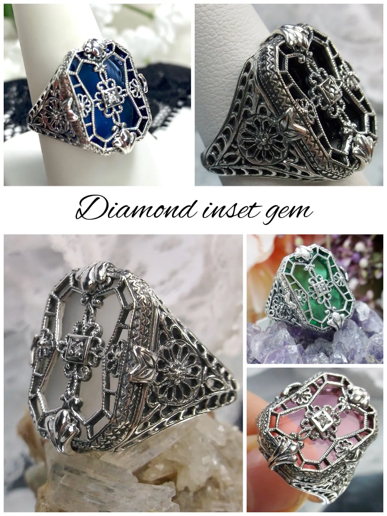 D203, Stained Glass Ring, Sterling Silver Filigree with Stained-Glass & Diamond Inset Gem, Art Deco Jewelry #D203