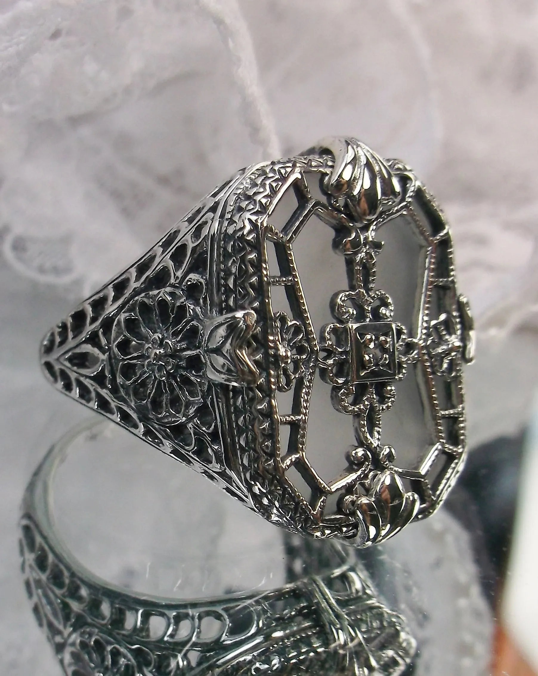 D203, Stained Glass Ring, Sterling Silver Filigree with Stained-Glass & Diamond Inset Gem, Art Deco Jewelry #D203