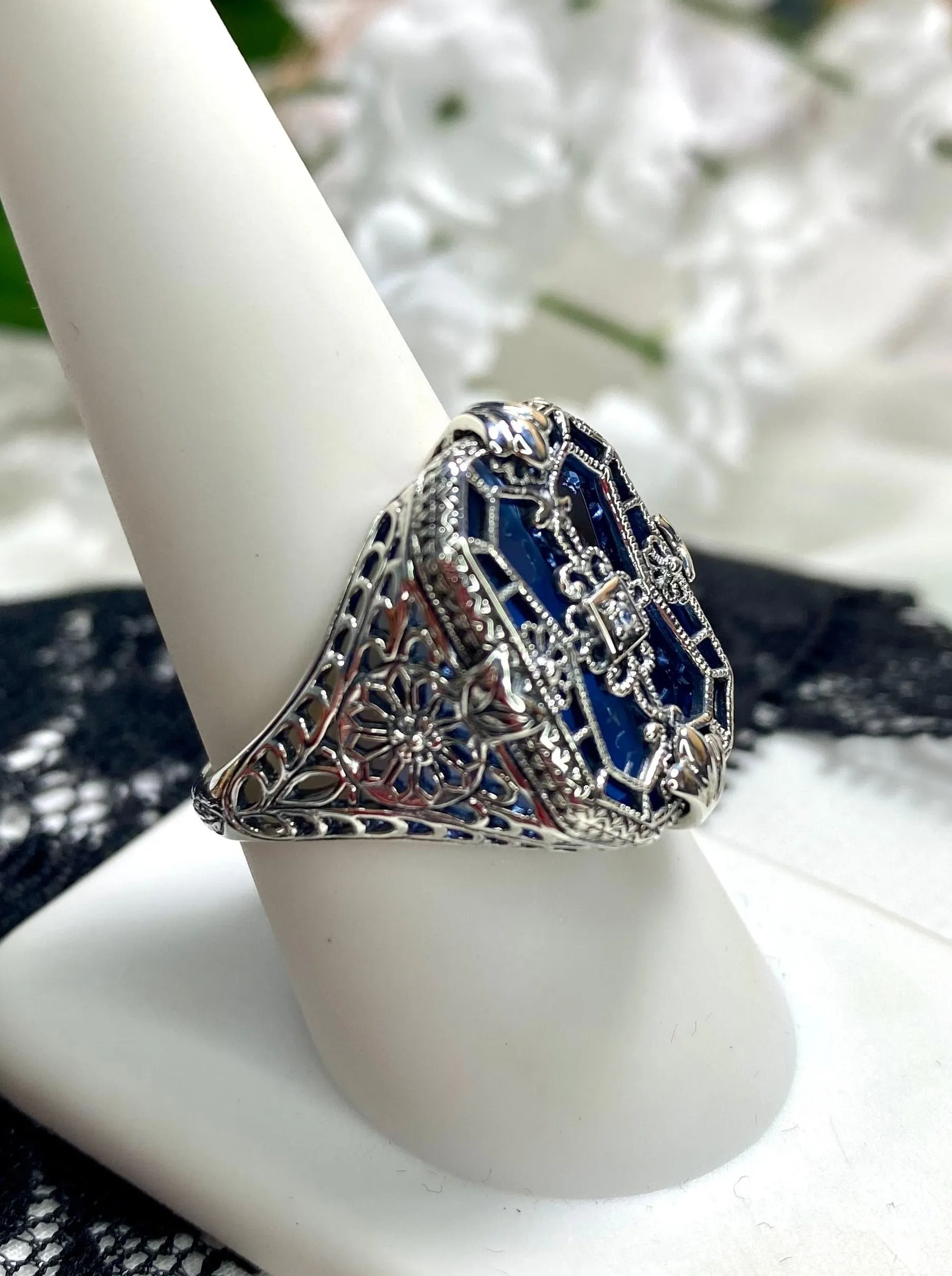D203, Stained Glass Ring, Sterling Silver Filigree with Stained-Glass & Diamond Inset Gem, Art Deco Jewelry #D203