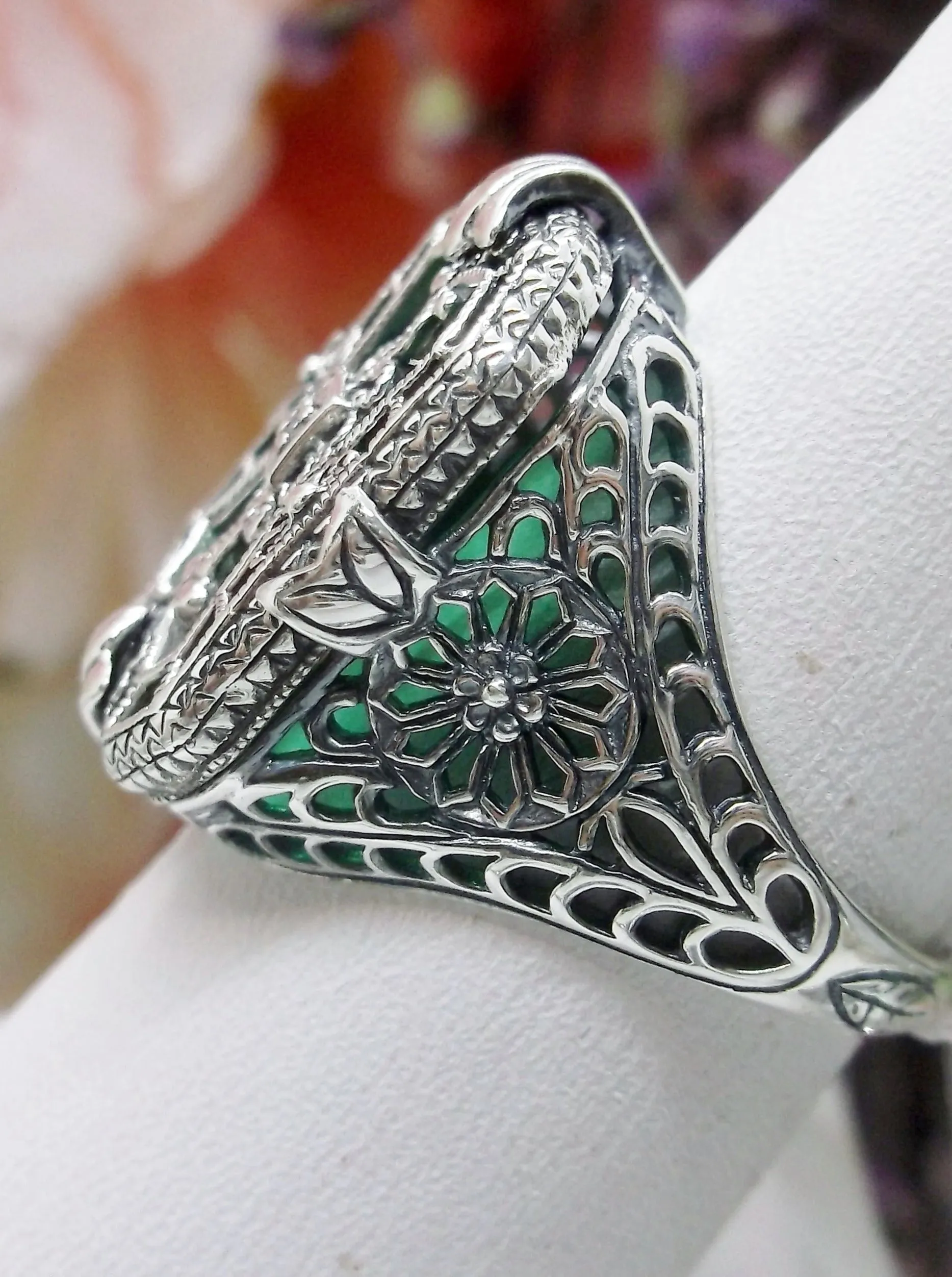 D203, Stained Glass Ring, Sterling Silver Filigree with Stained-Glass & Diamond Inset Gem, Art Deco Jewelry #D203