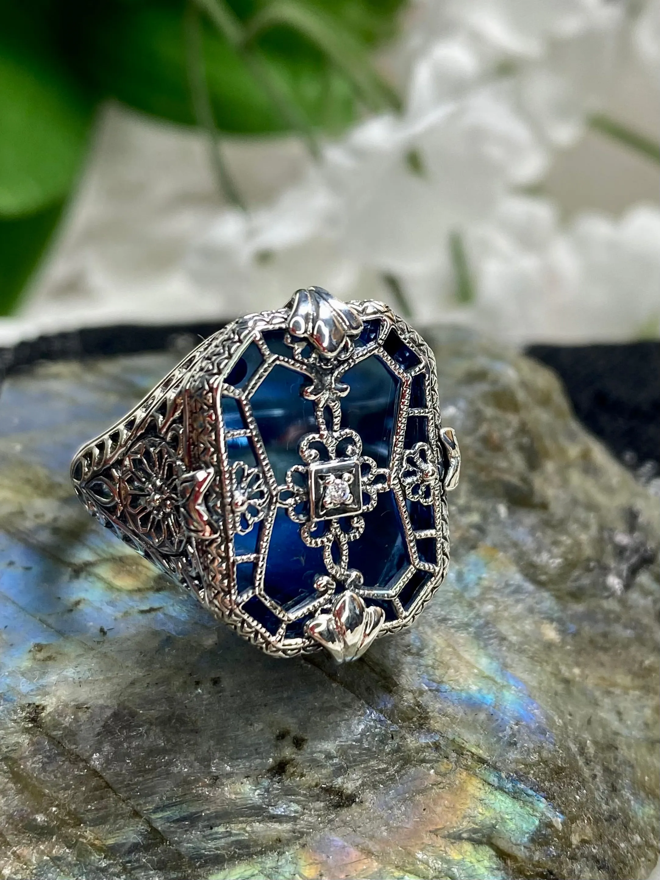 D203, Stained Glass Ring, Sterling Silver Filigree with Stained-Glass & Diamond Inset Gem, Art Deco Jewelry #D203
