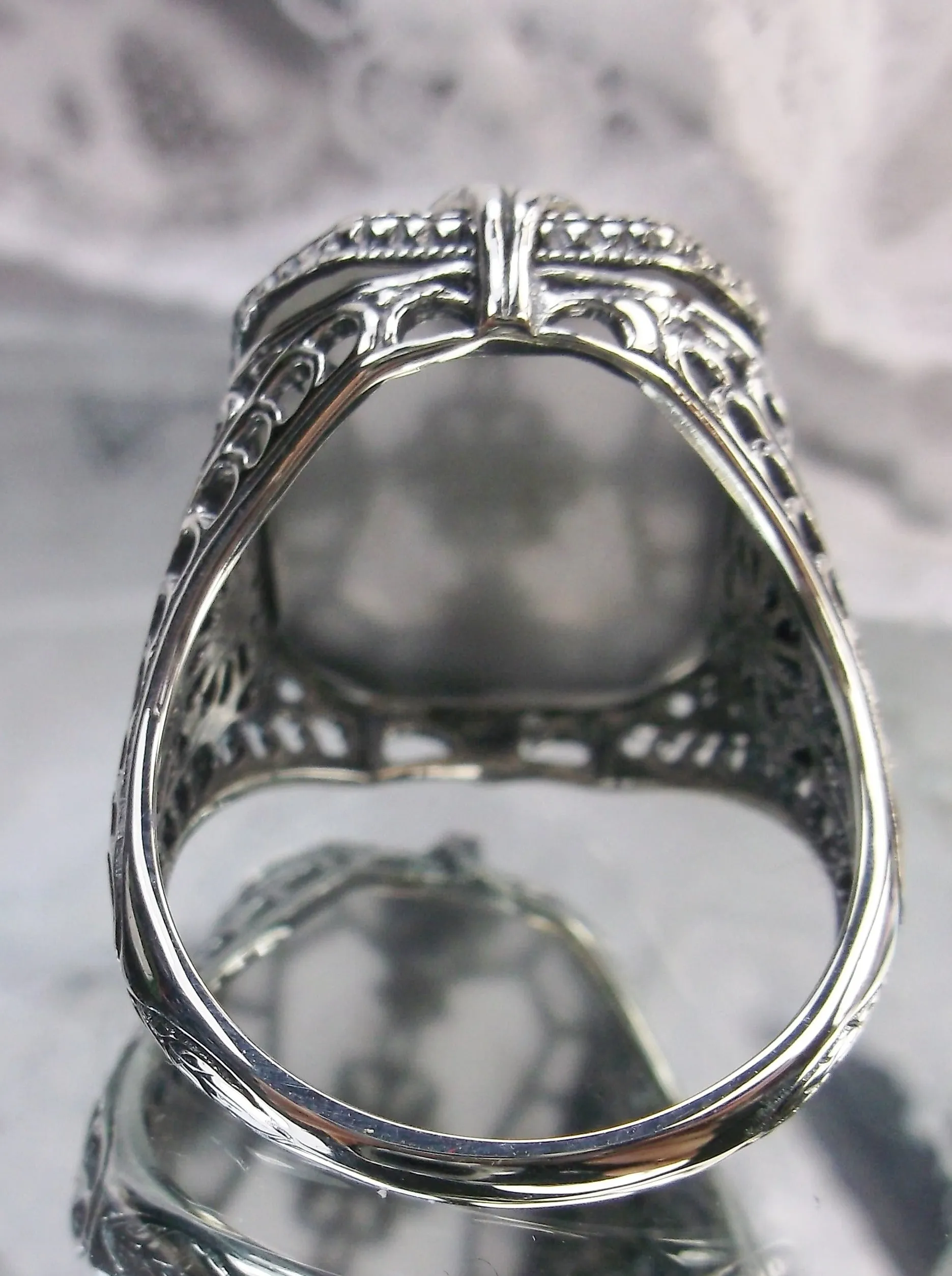 D203, Stained Glass Ring, Sterling Silver Filigree with Stained-Glass & Diamond Inset Gem, Art Deco Jewelry #D203