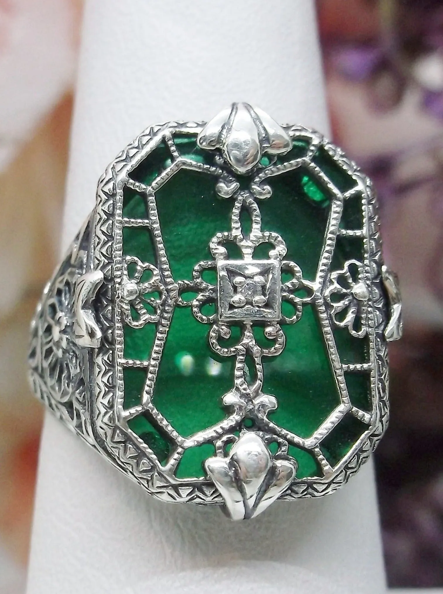 D203, Stained Glass Ring, Sterling Silver Filigree with Stained-Glass & Diamond Inset Gem, Art Deco Jewelry #D203