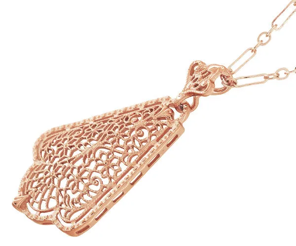 Edwardian Rose Gold Vermeil Scalloped Leaf Dangling Filigree Pendant Necklace