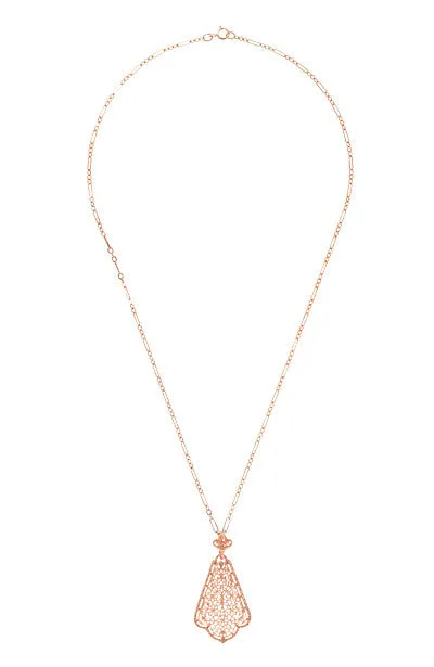 Edwardian Rose Gold Vermeil Scalloped Leaf Dangling Filigree Pendant Necklace