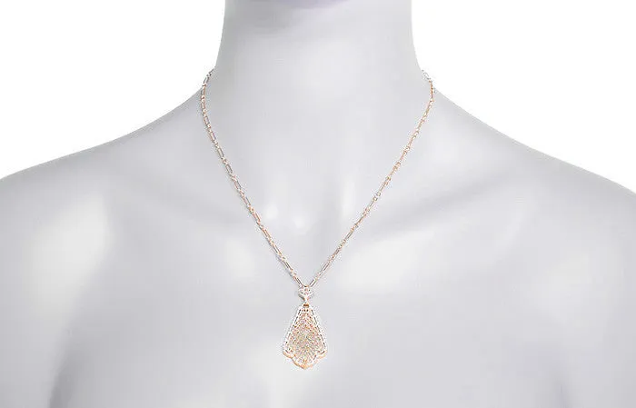 Edwardian Rose Gold Vermeil Scalloped Leaf Dangling Filigree Pendant Necklace