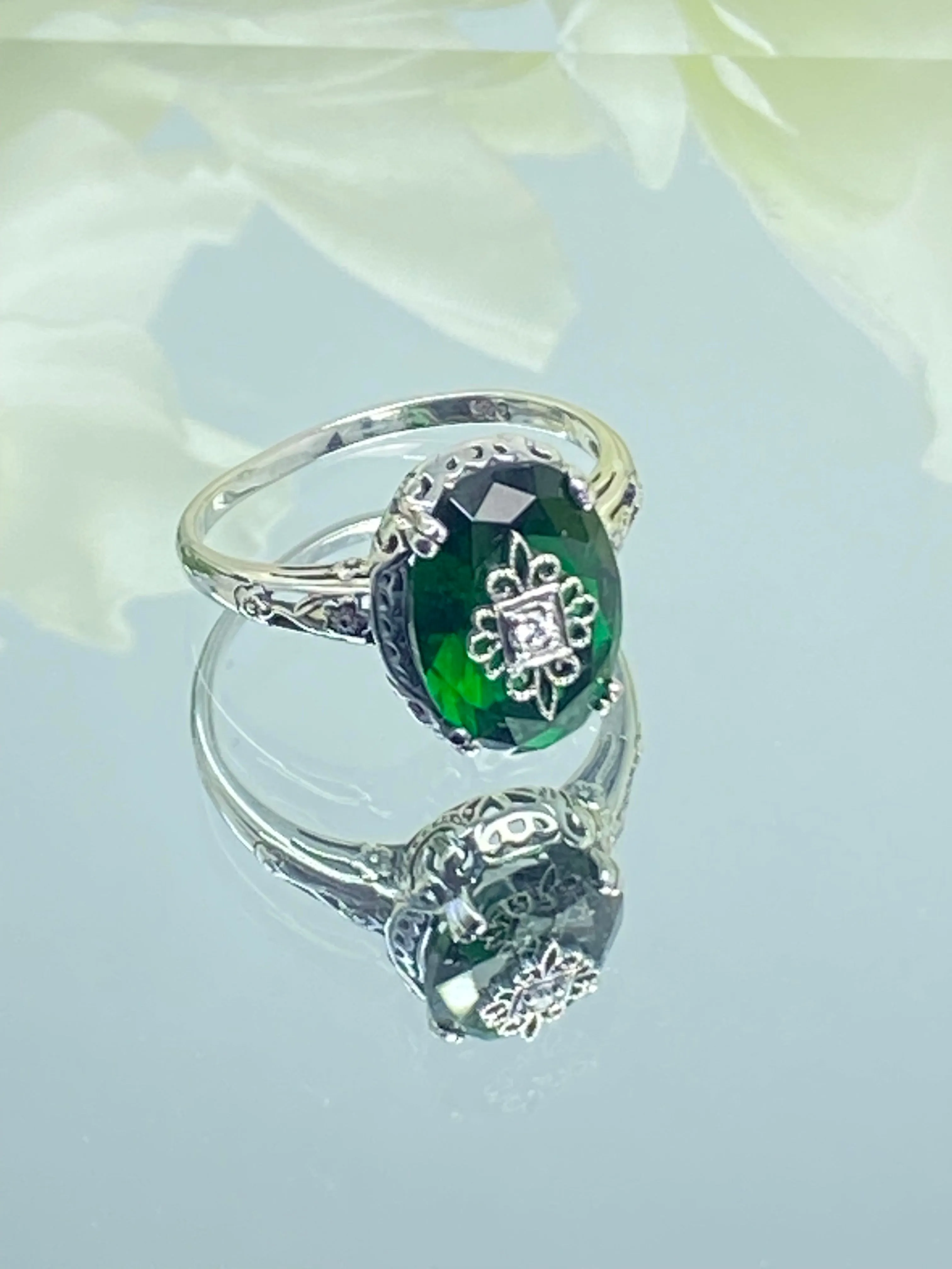 Emerald Green Ring, Size 7, Sterling Silver Embellishment, Edwardian Jewelry #D70e - Ready to Ship