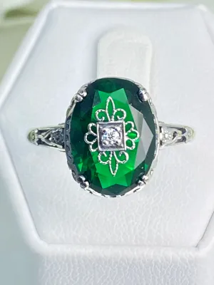Emerald Green Ring, Size 7, Sterling Silver Embellishment, Edwardian Jewelry #D70e - Ready to Ship