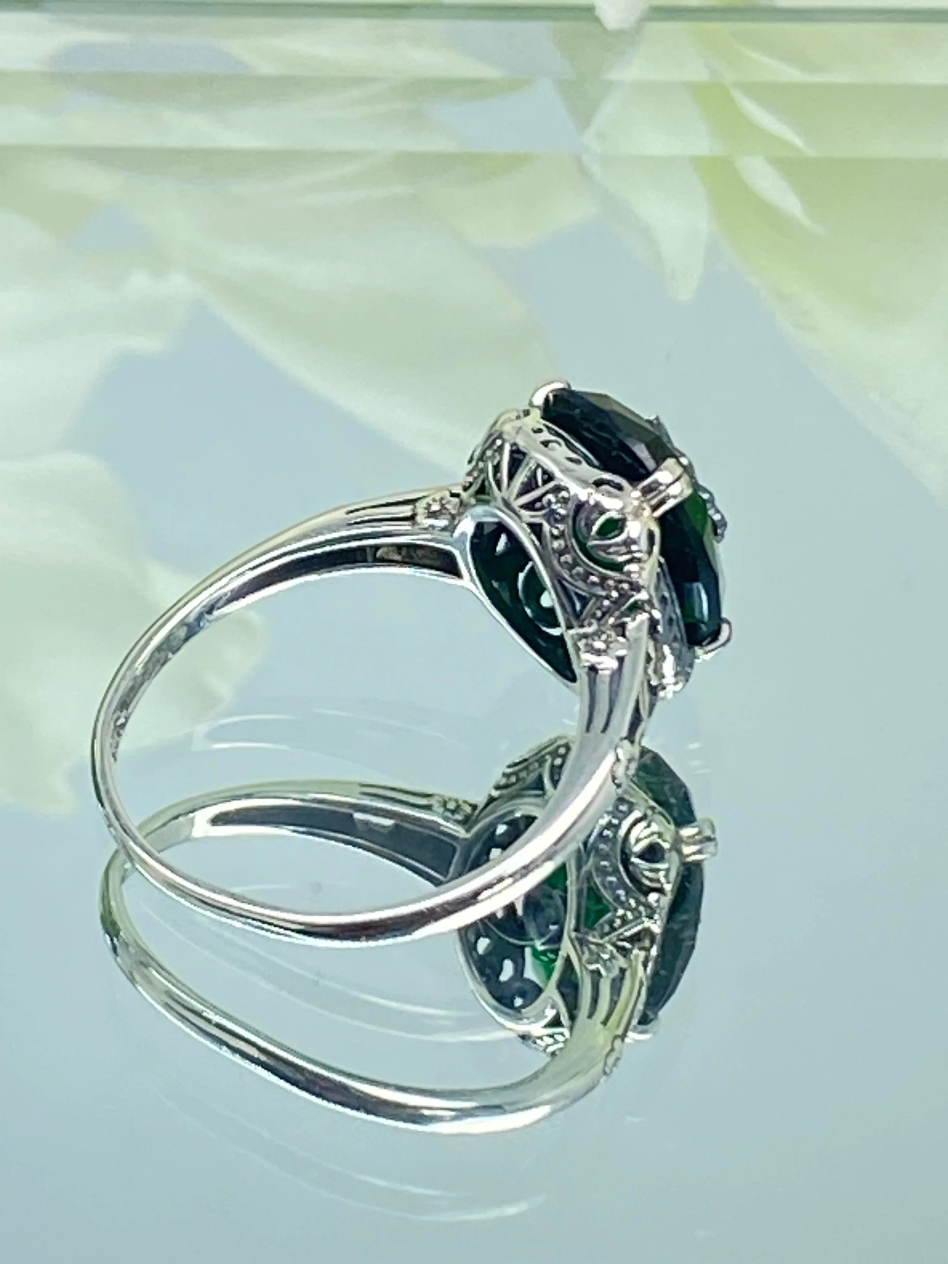 Emerald Green Ring, Size 7, Sterling Silver Embellishment, Edwardian Jewelry #D70e - Ready to Ship