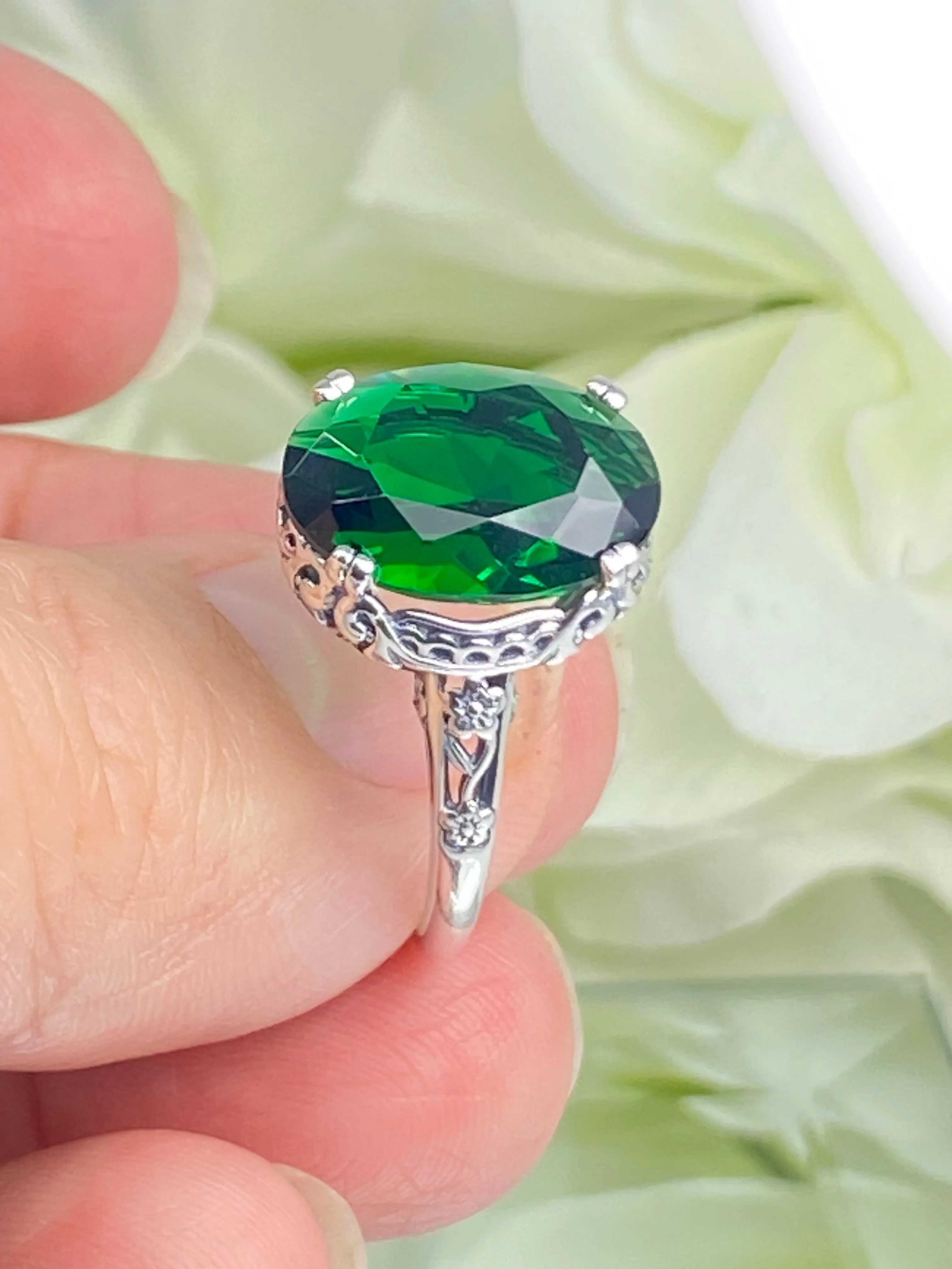 Emerald Ring, Size 9.5, Sterling Silver Edwardian Jewelry #D70 - Ready to Ship