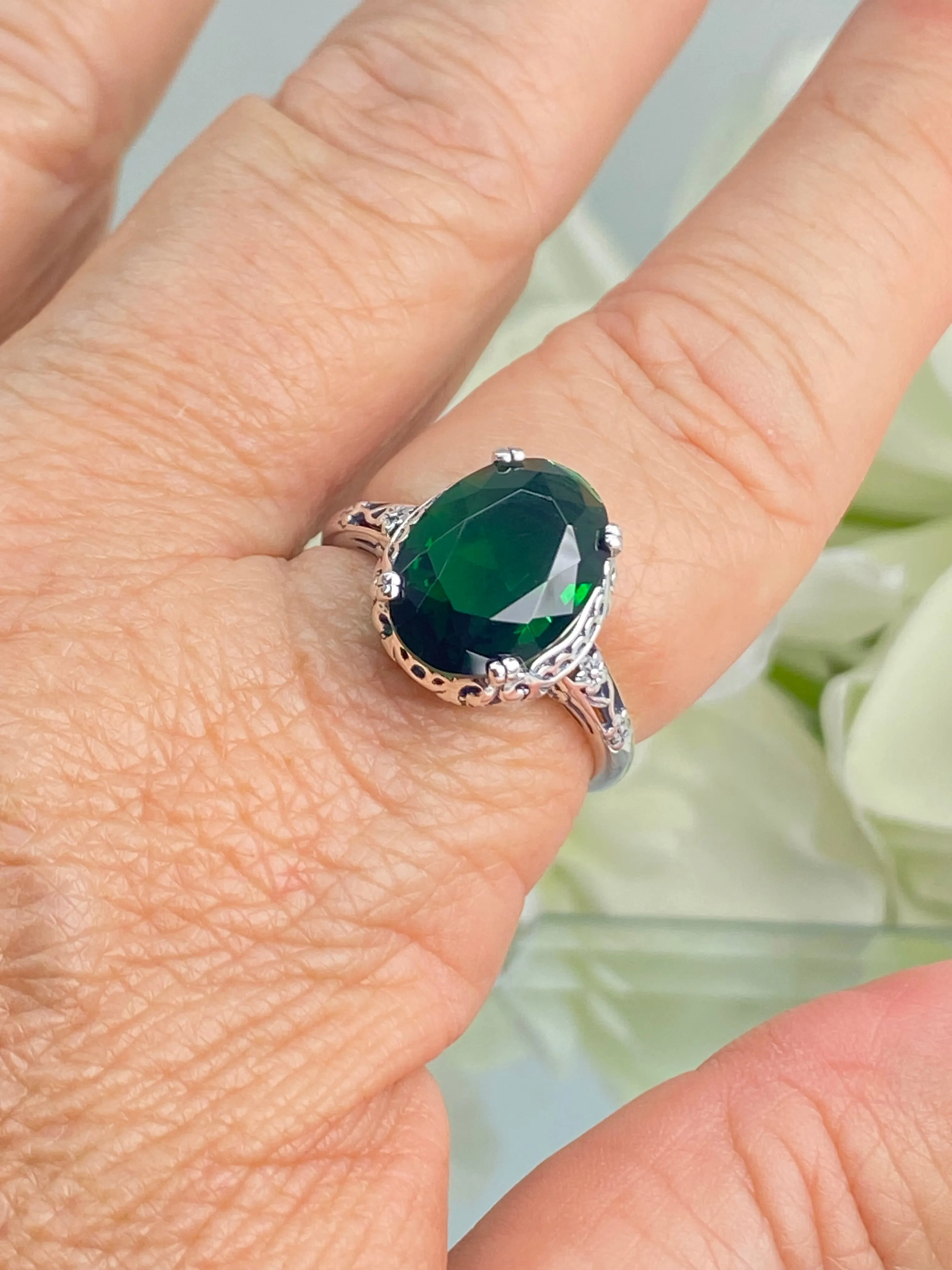 Emerald Ring, Size 9.5, Sterling Silver Edwardian Jewelry #D70 - Ready to Ship