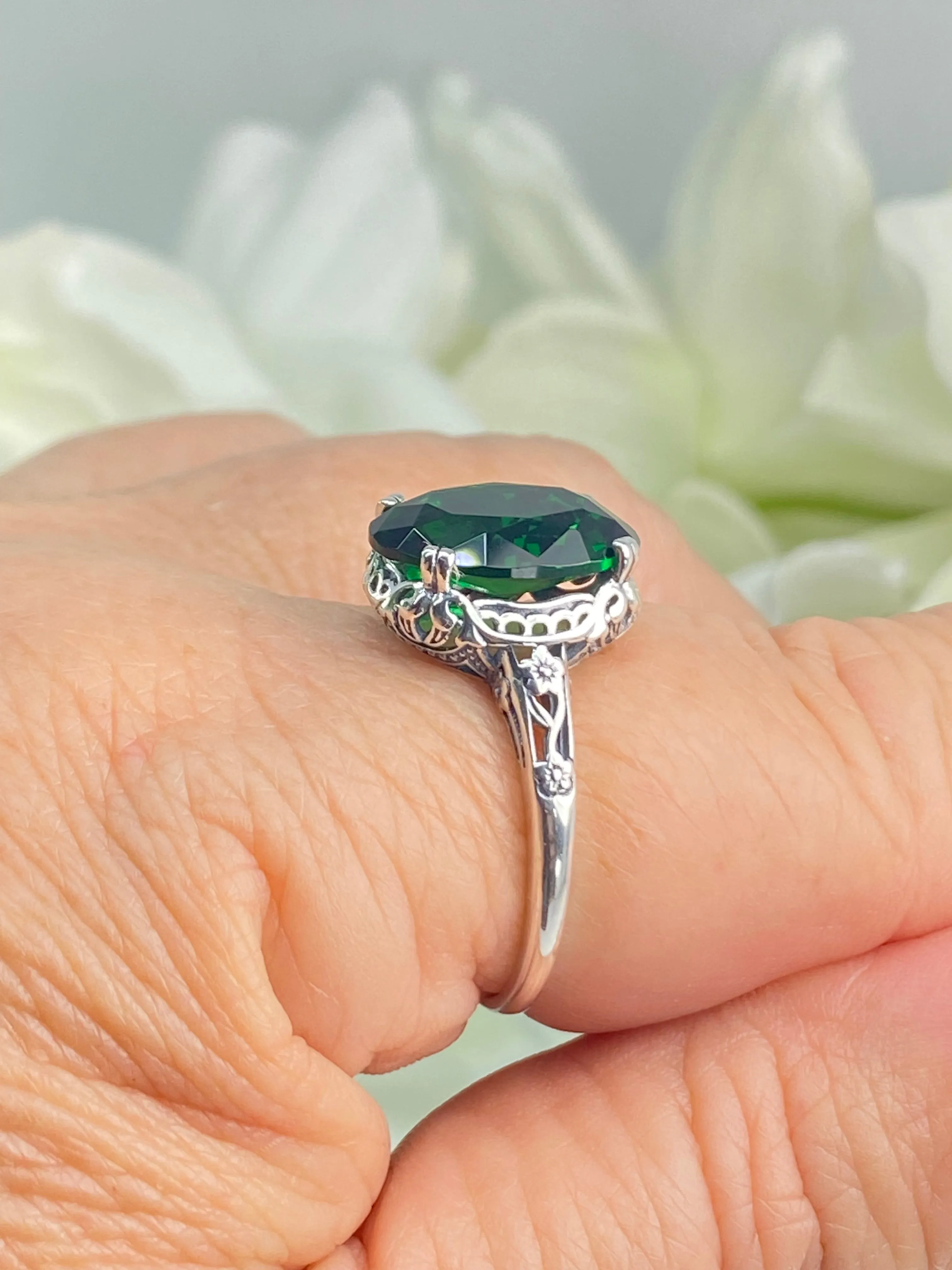 Emerald Ring, Size 9.5, Sterling Silver Edwardian Jewelry #D70 - Ready to Ship