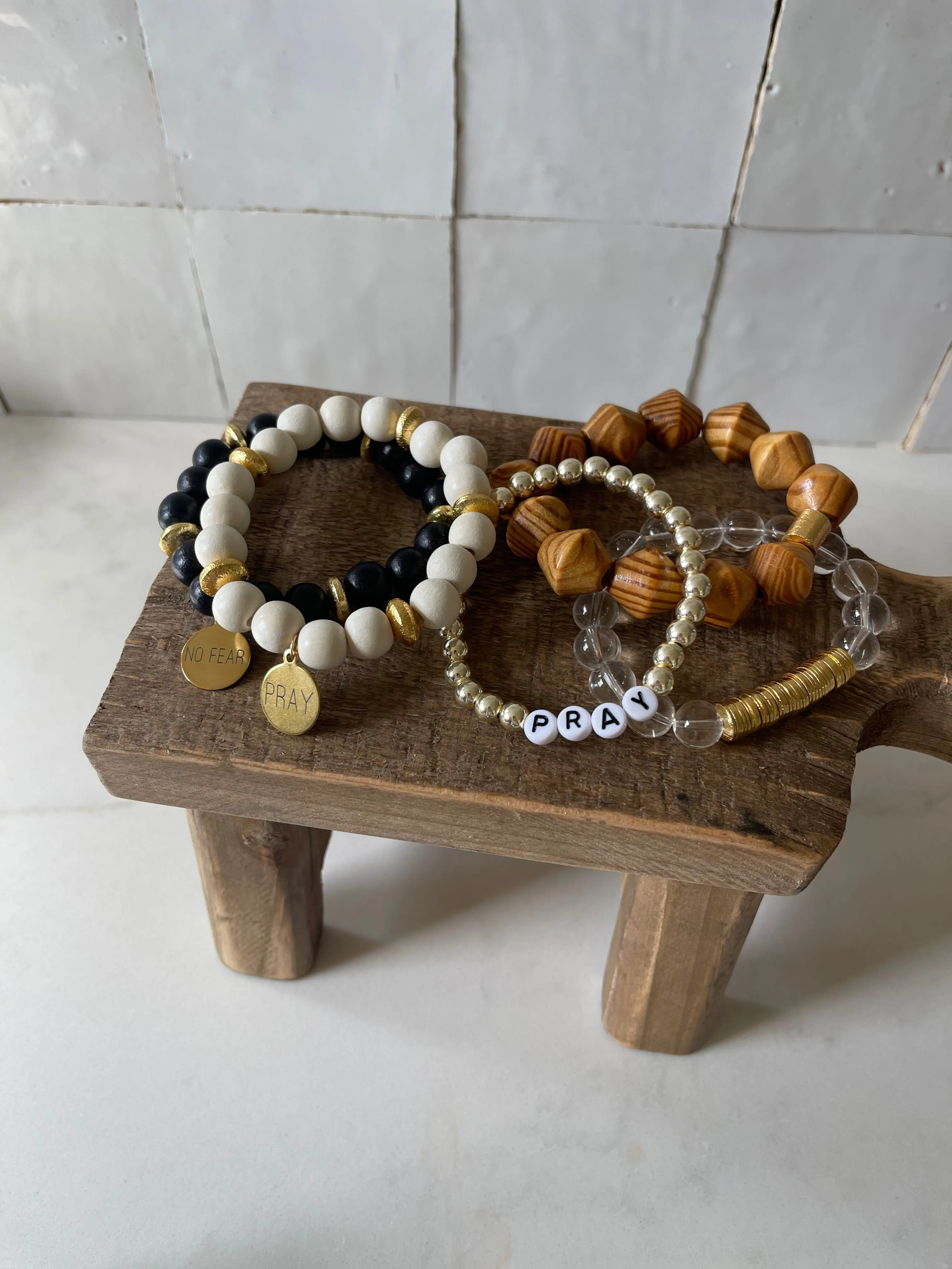 Faithful Then & Now Wood-Bead Bracelet in Honey