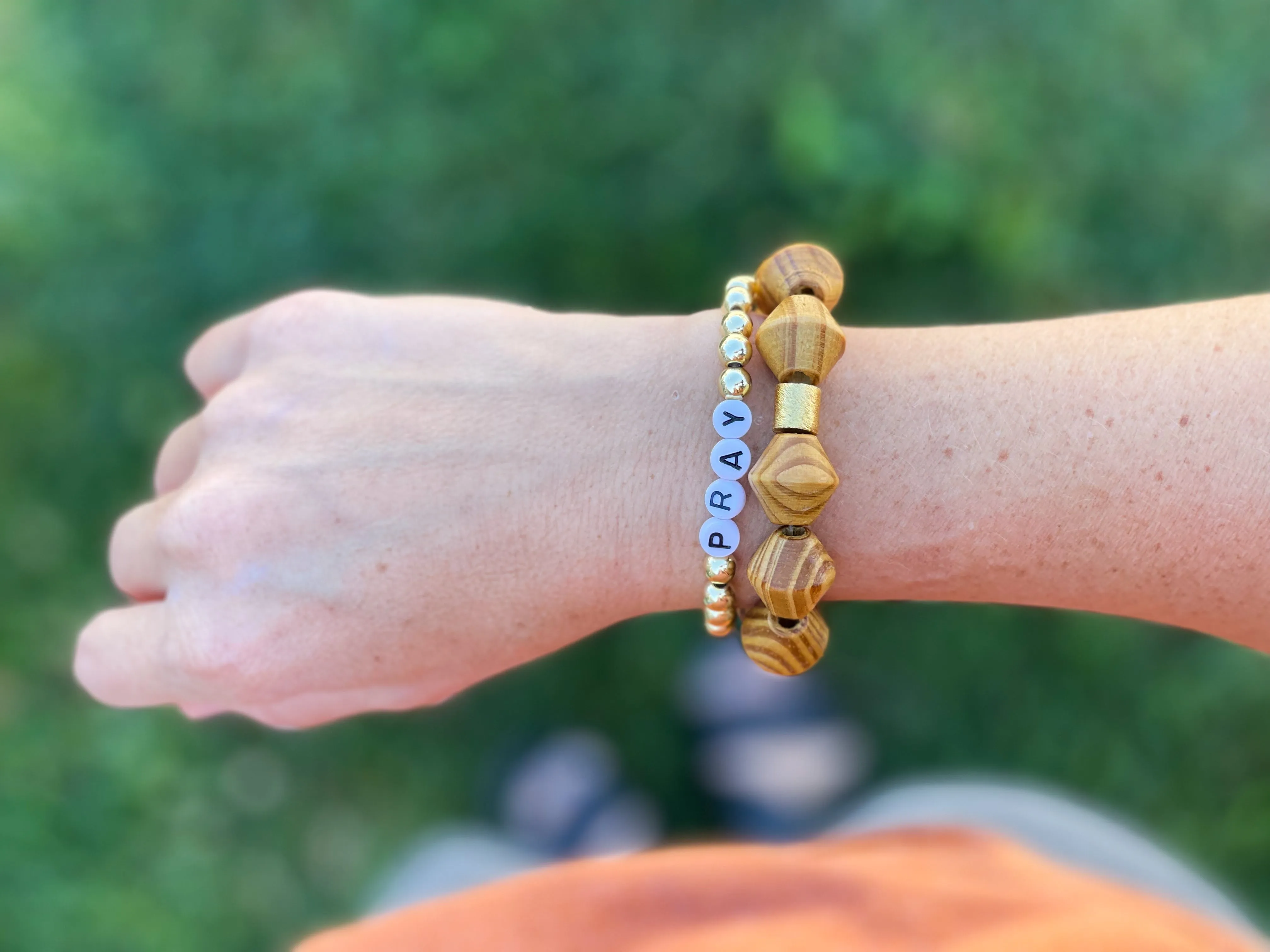 Faithful Then & Now Wood-Bead Bracelet in Honey