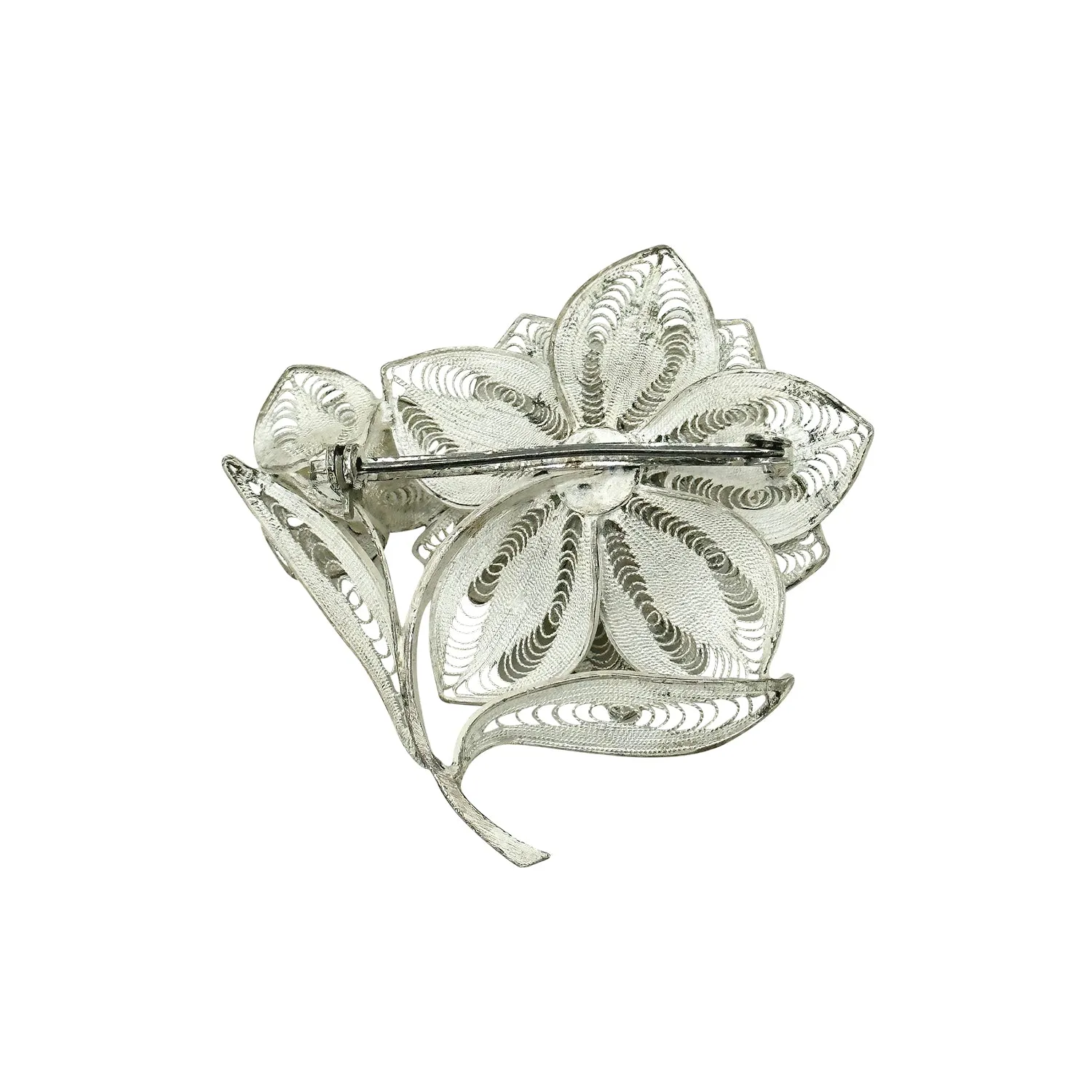 Filigree Spun Silver Japanese Saltwater Akoya Cultured Pearl Vintage Flower Brooch- Sterling Silver
