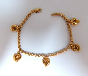 Five heart charm link bracelet 14 karat gold 7 inch