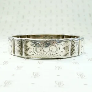 Flowers & Laces Engraved 19th Century Silver Bangle