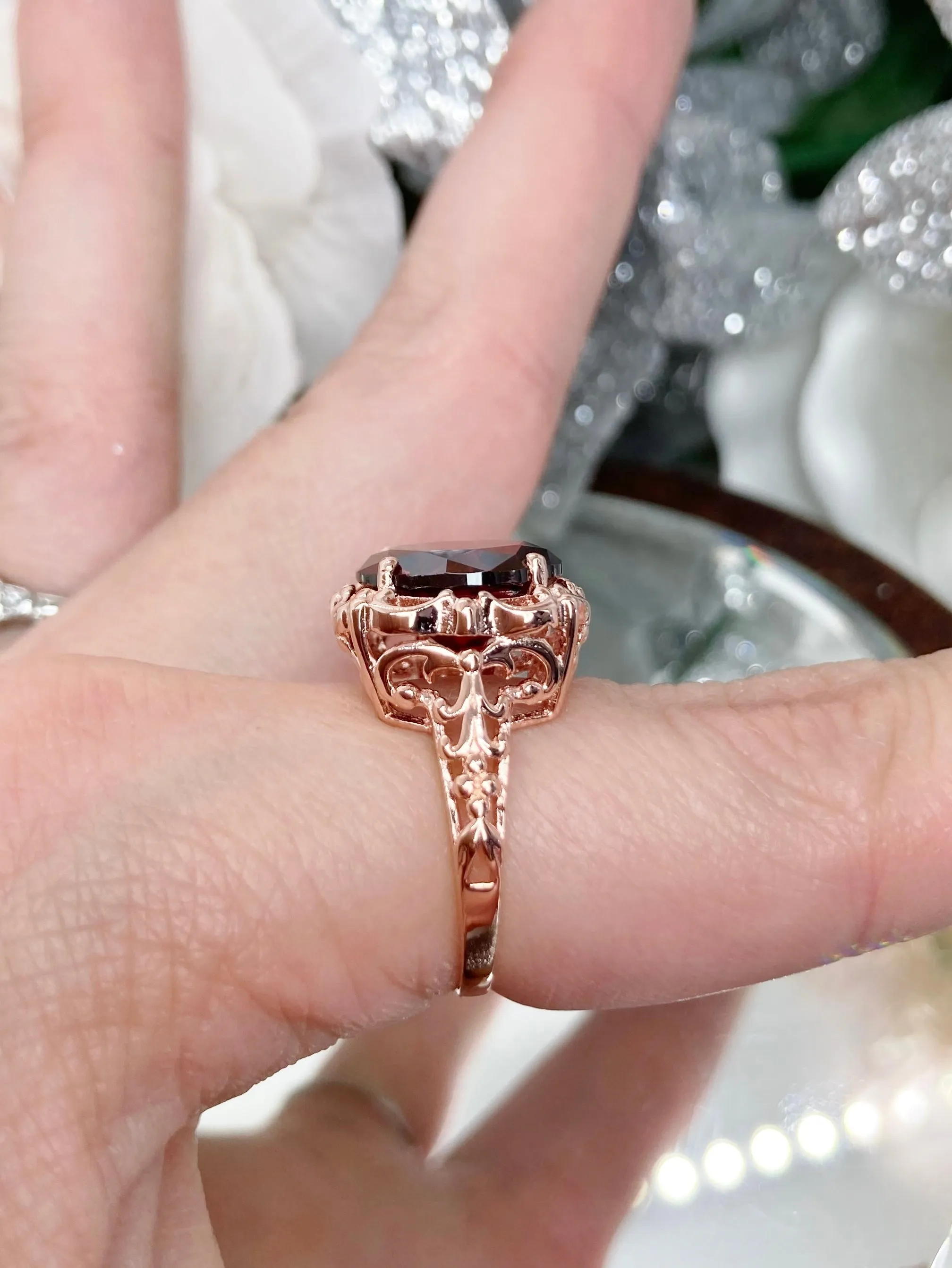 Garnet Cubic Zirconia (CZ) Victorian Rose Gold plated Ring #D103