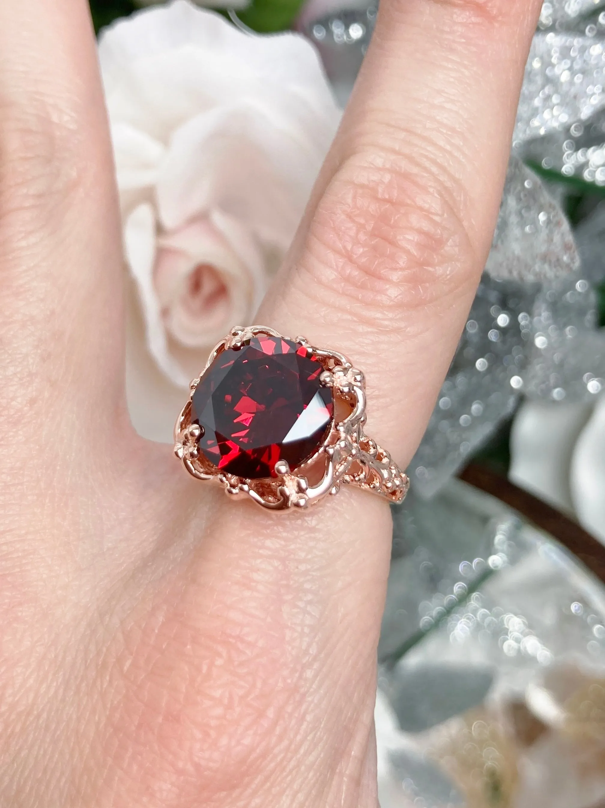 Garnet Cubic Zirconia (CZ) Victorian Rose Gold plated Ring #D103
