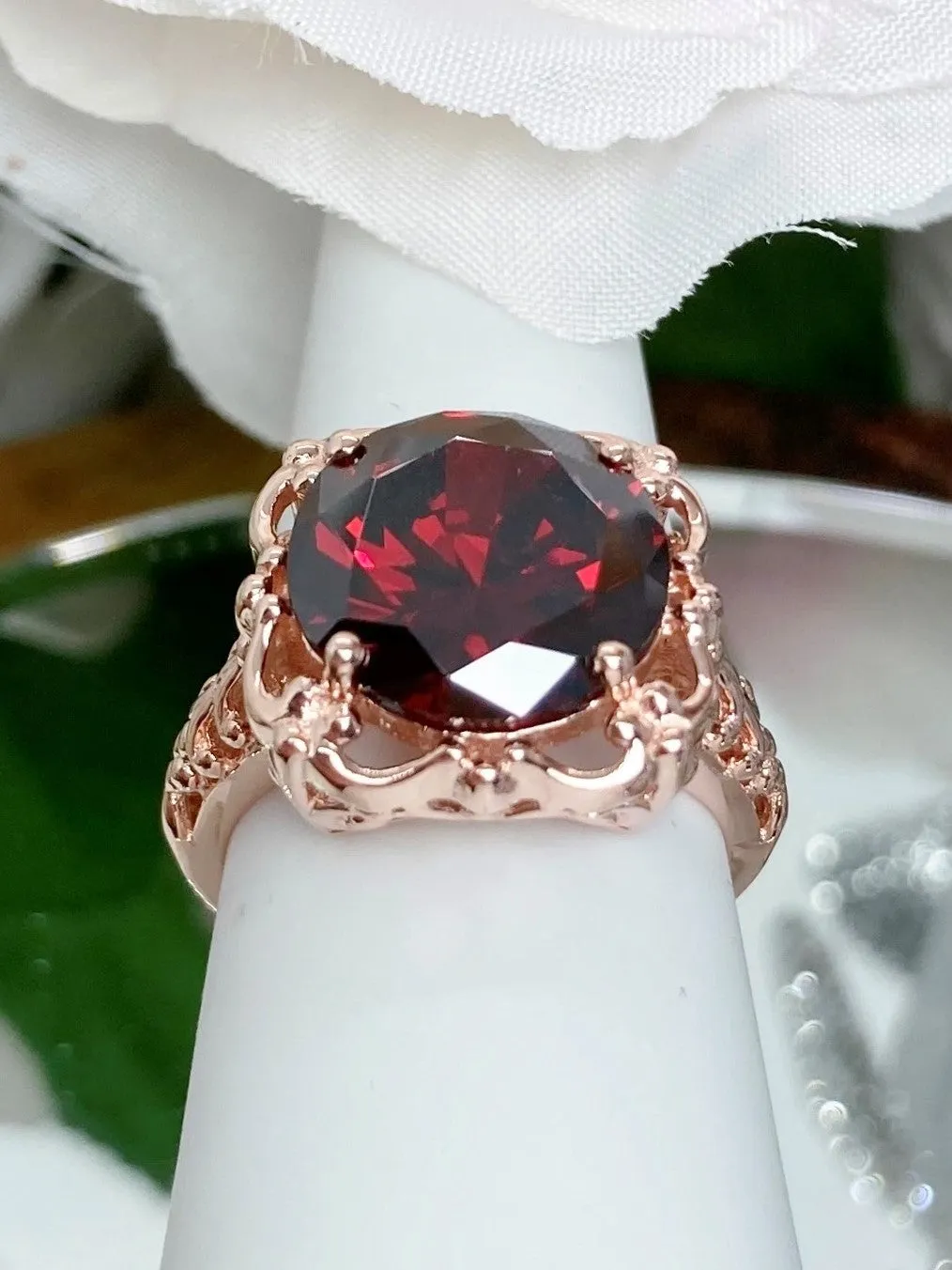 Garnet Cubic Zirconia (CZ) Victorian Rose Gold plated Ring #D103