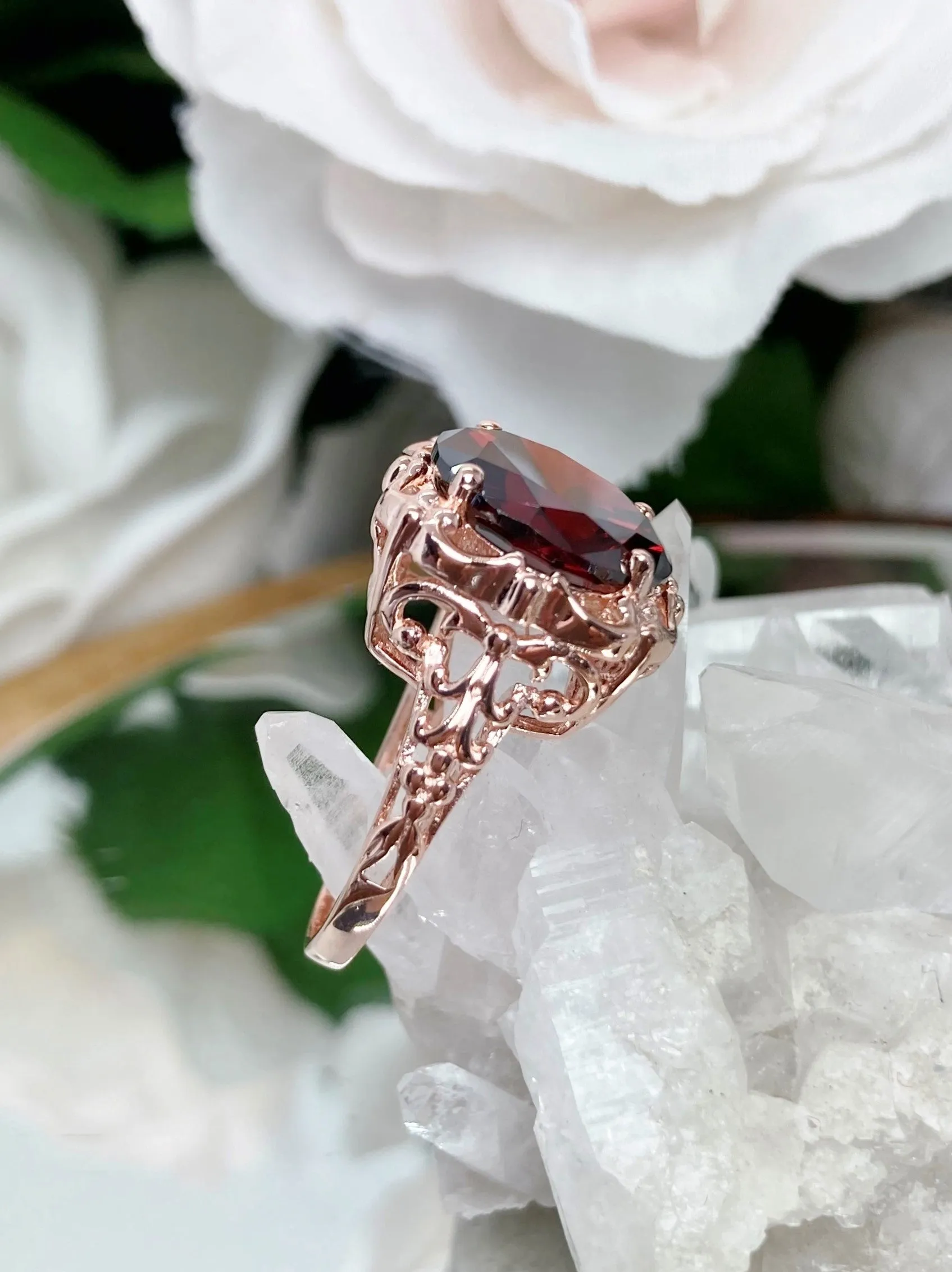 Garnet Cubic Zirconia (CZ) Victorian Rose Gold plated Ring #D103