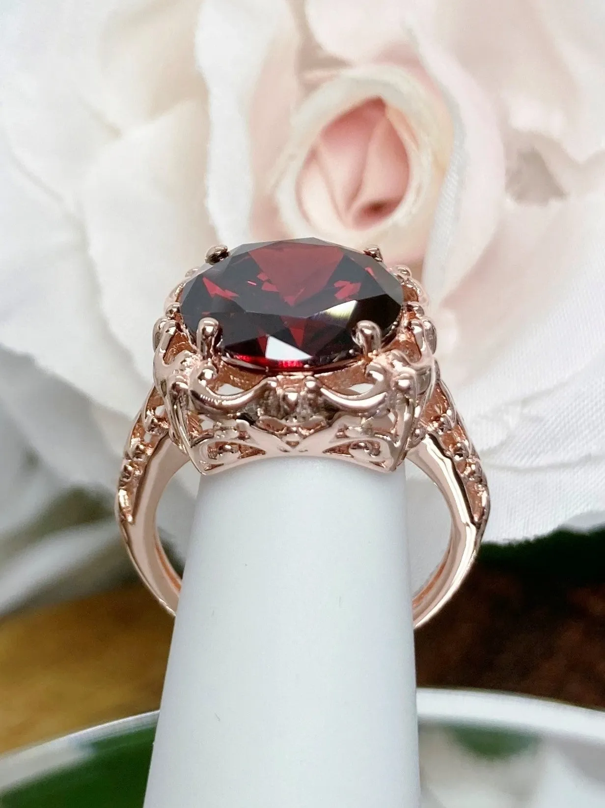 Garnet Cubic Zirconia (CZ) Victorian Rose Gold plated Ring #D103