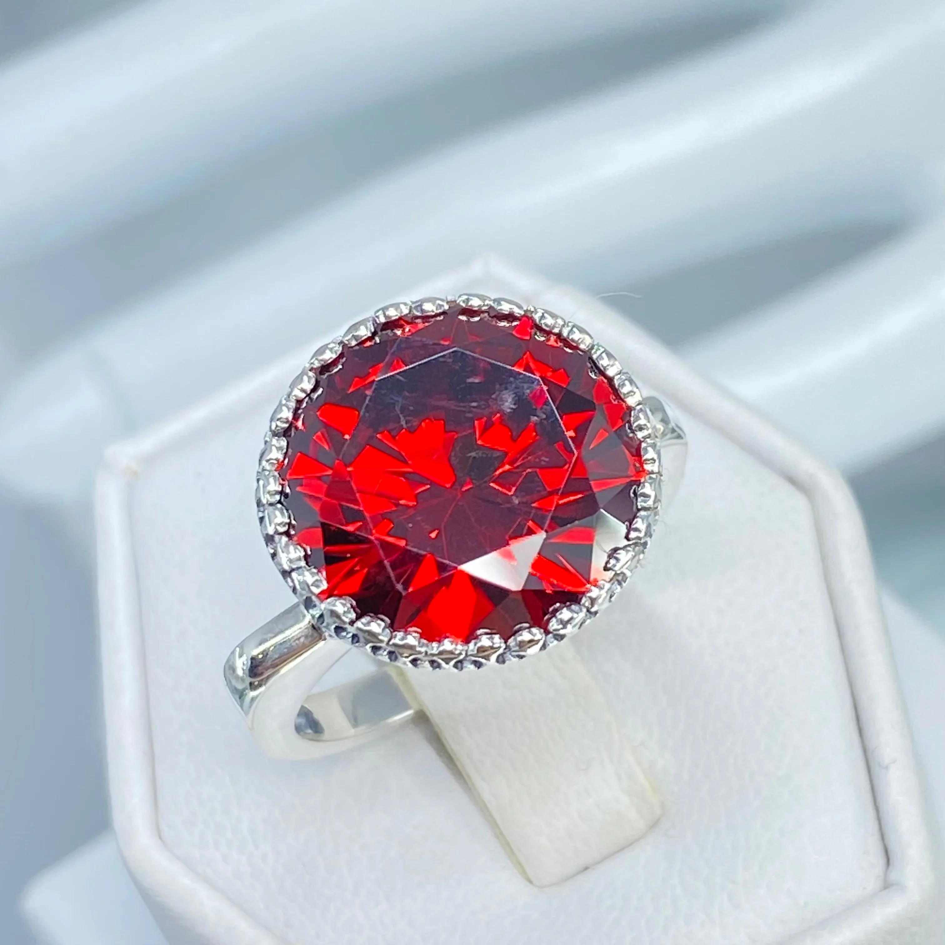 Garnet CZ Ring, Size 8, Round Gem, Silver Filigree Art Deco Jewelry, D188 - Ready to Ship
