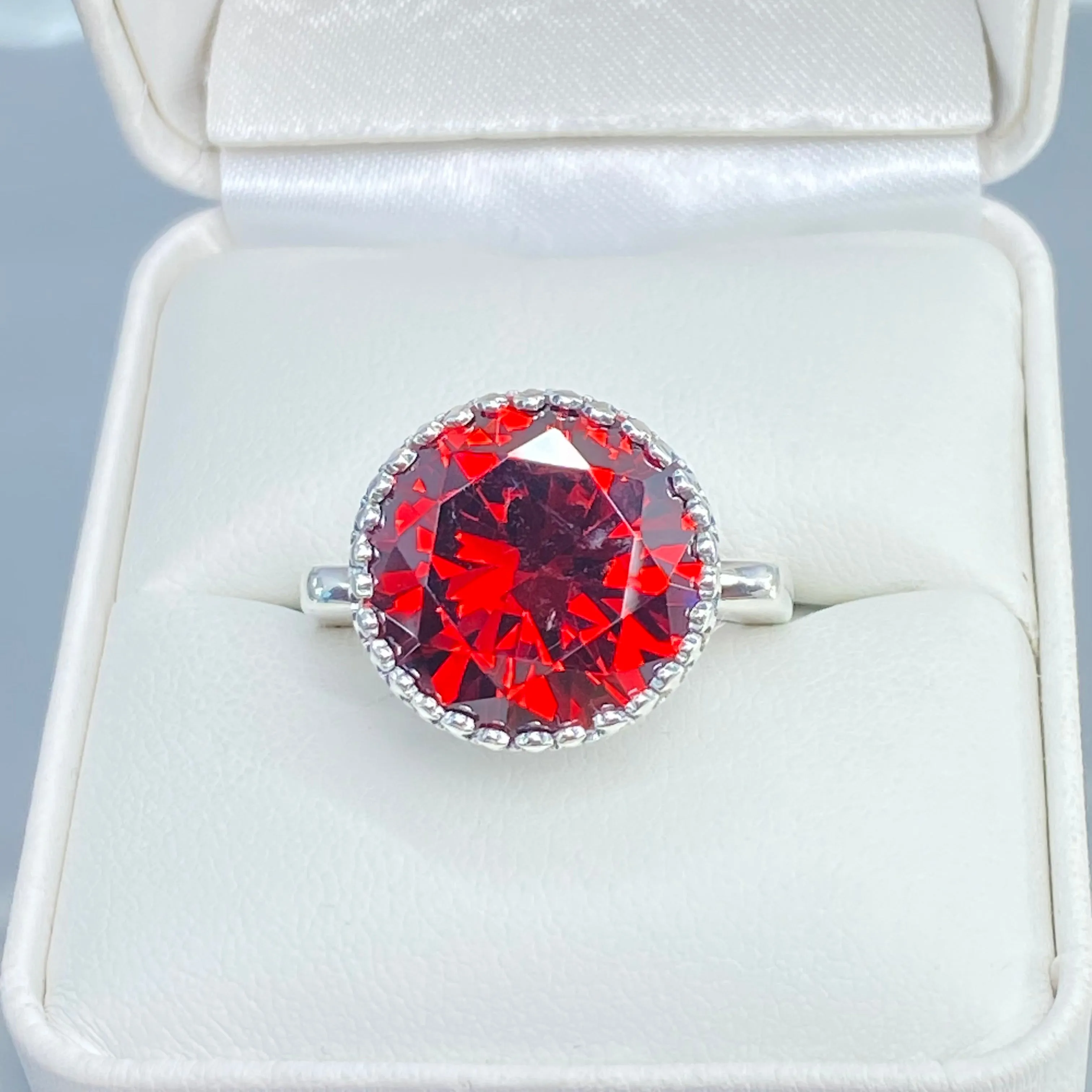 Garnet CZ Ring, Size 8, Round Gem, Silver Filigree Art Deco Jewelry, D188 - Ready to Ship