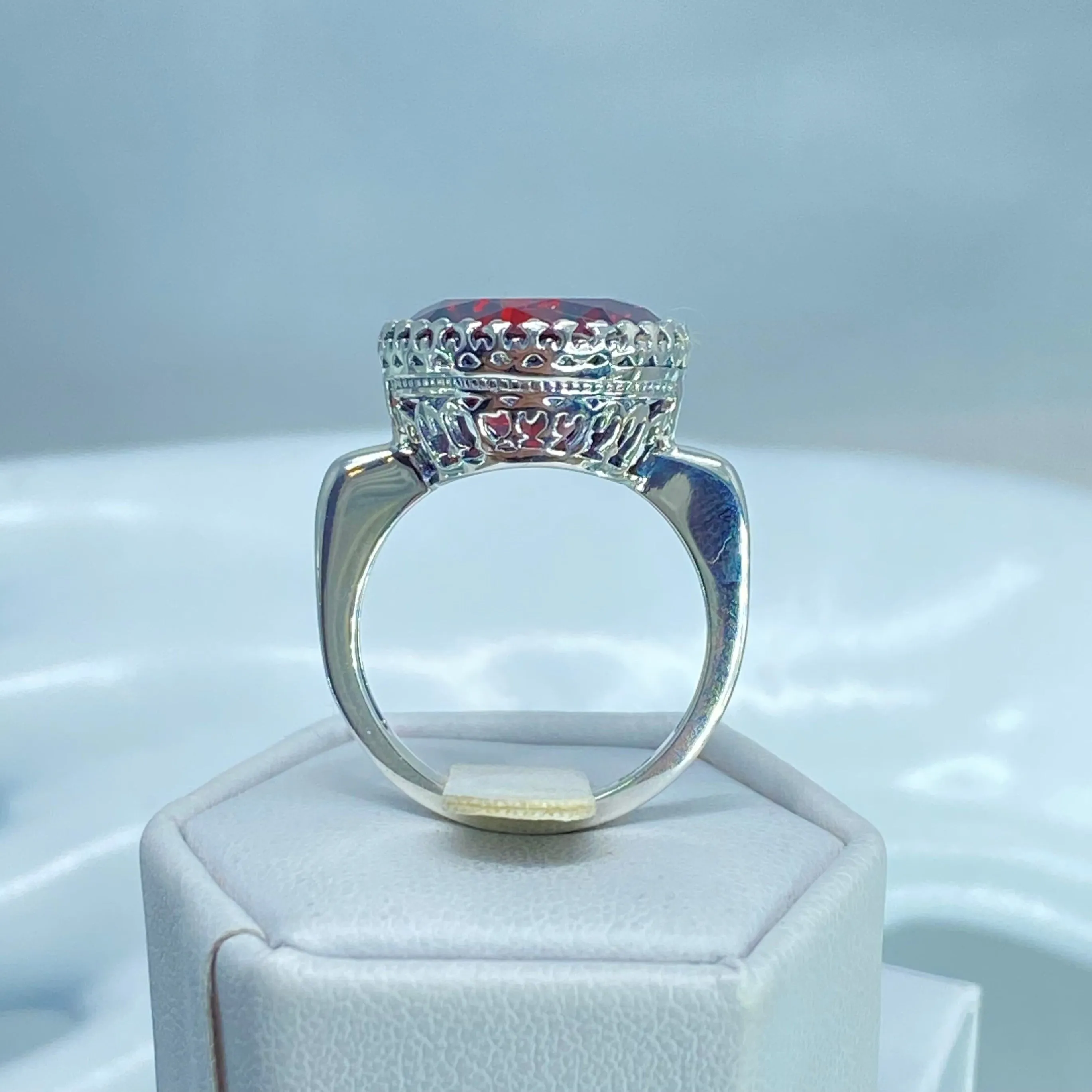 Garnet CZ Ring, Size 8, Round Gem, Silver Filigree Art Deco Jewelry, D188 - Ready to Ship