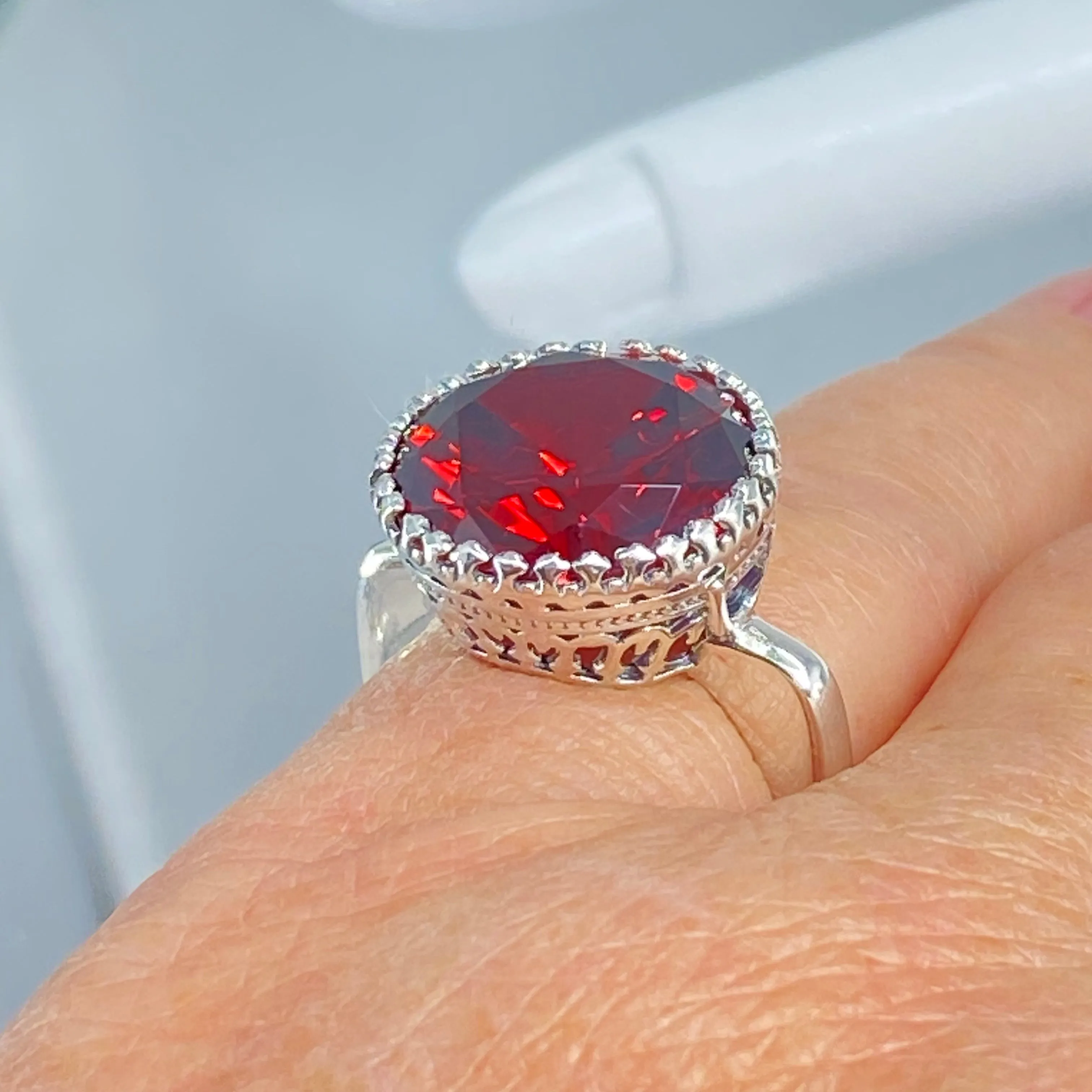 Garnet CZ Ring, Size 8, Round Gem, Silver Filigree Art Deco Jewelry, D188 - Ready to Ship
