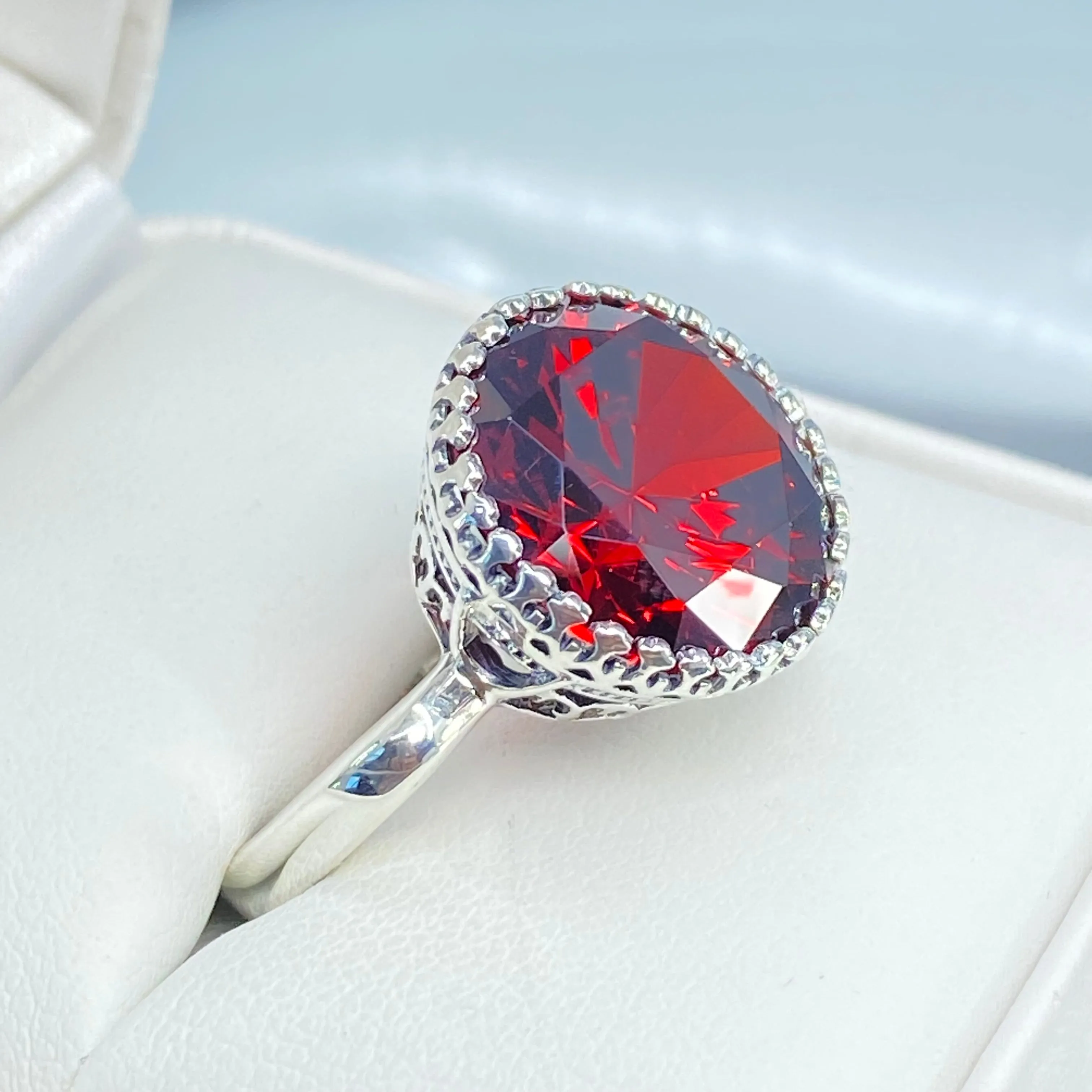 Garnet CZ Ring, Size 8, Round Gem, Silver Filigree Art Deco Jewelry, D188 - Ready to Ship
