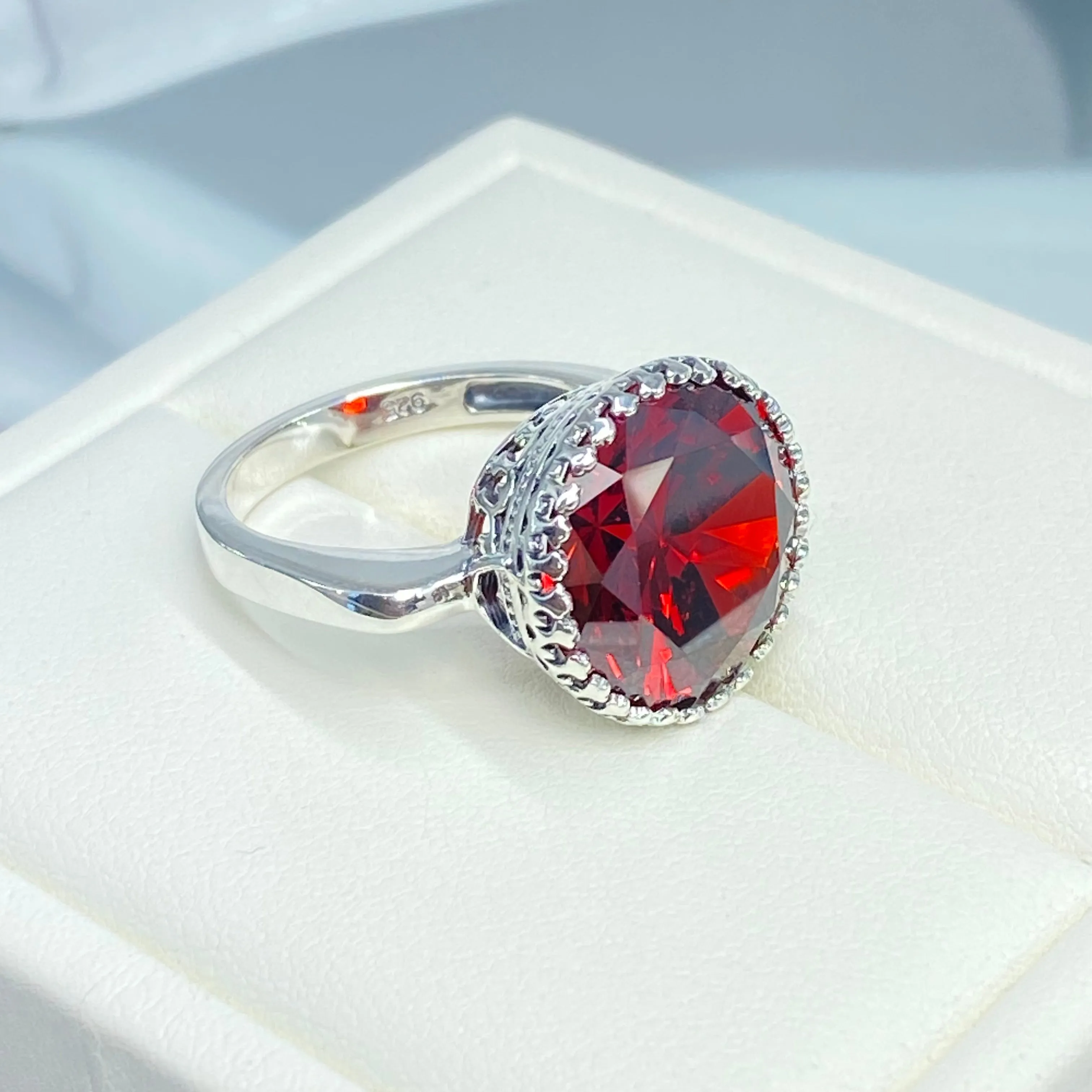 Garnet CZ Ring, Size 8, Round Gem, Silver Filigree Art Deco Jewelry, D188 - Ready to Ship