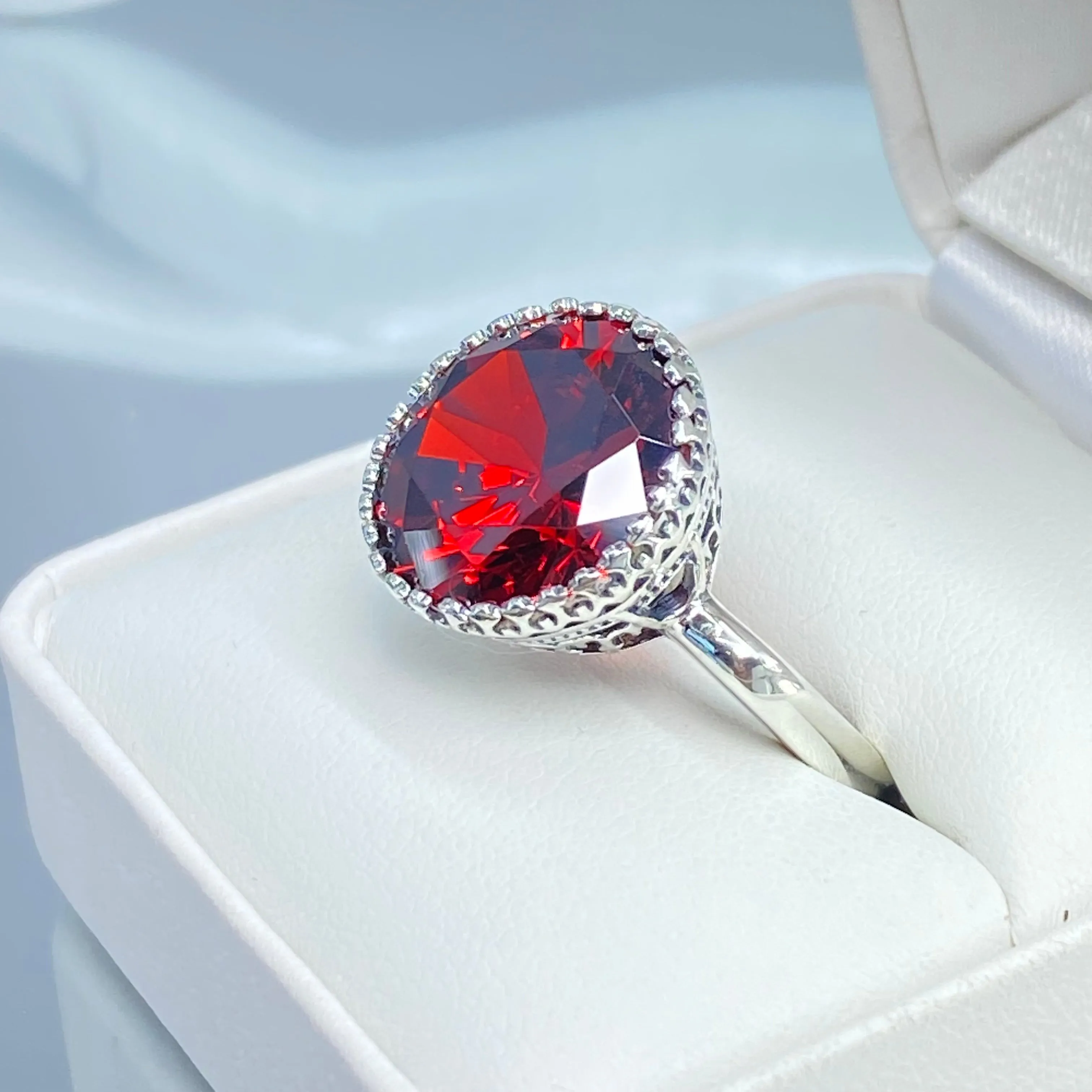 Garnet CZ Ring, Size 8, Round Gem, Silver Filigree Art Deco Jewelry, D188 - Ready to Ship