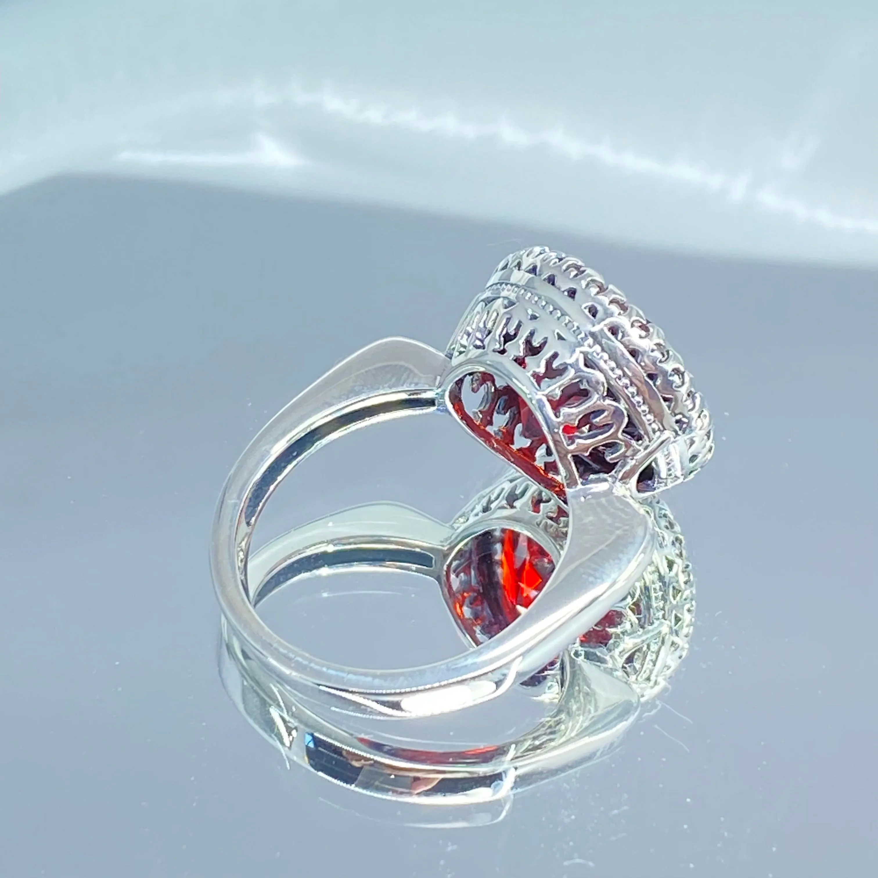 Garnet CZ Ring, Size 8, Round Gem, Silver Filigree Art Deco Jewelry, D188 - Ready to Ship