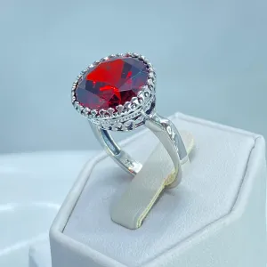 Garnet CZ Ring, Size 8, Round Gem, Silver Filigree Art Deco Jewelry, D188 - Ready to Ship